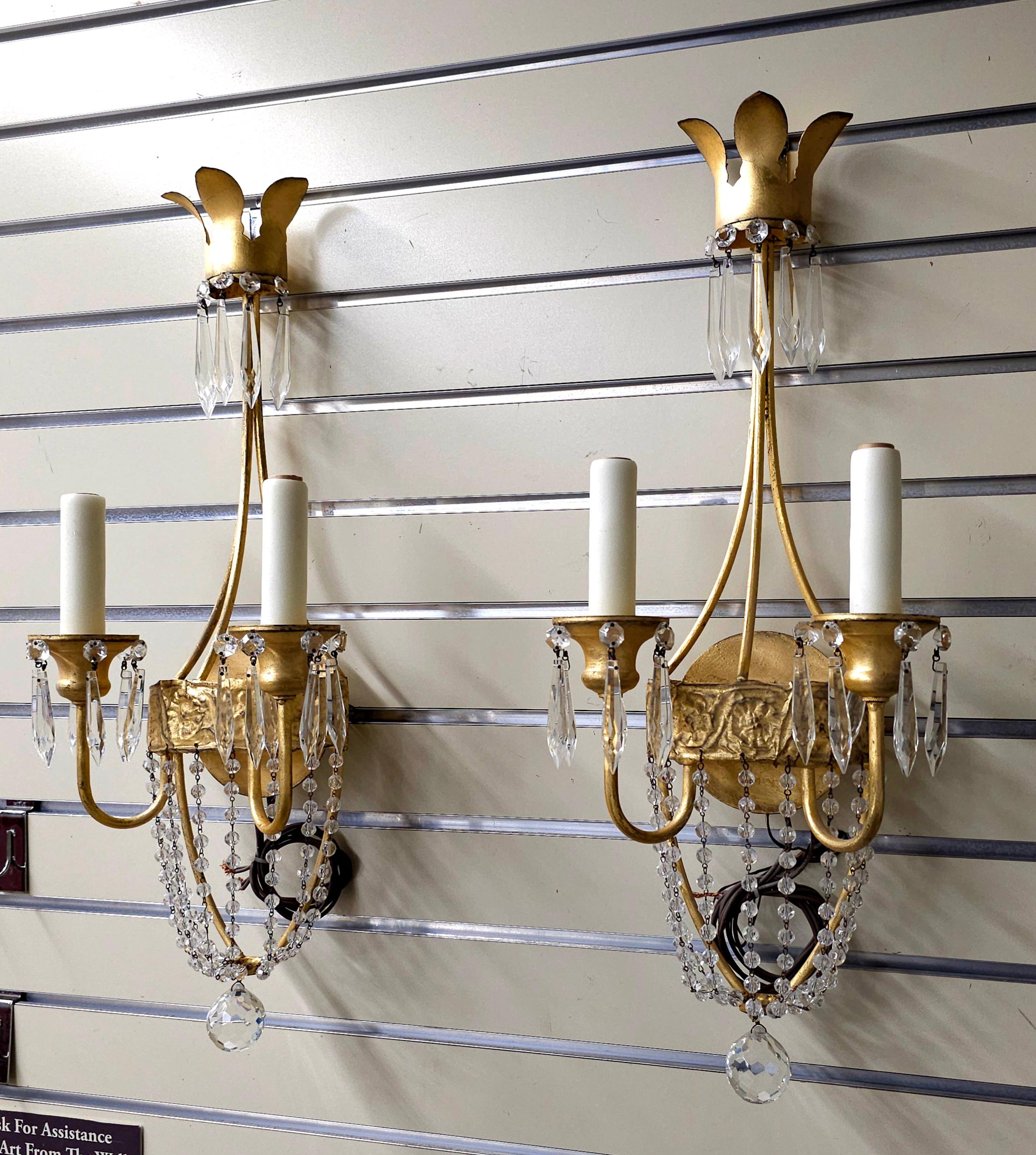 Pair of Niermann Weeks 'Neapolitan' Crystal & Gilt Metal Two Light Wall Sconces In Good Condition For Sale In Germantown, MD
