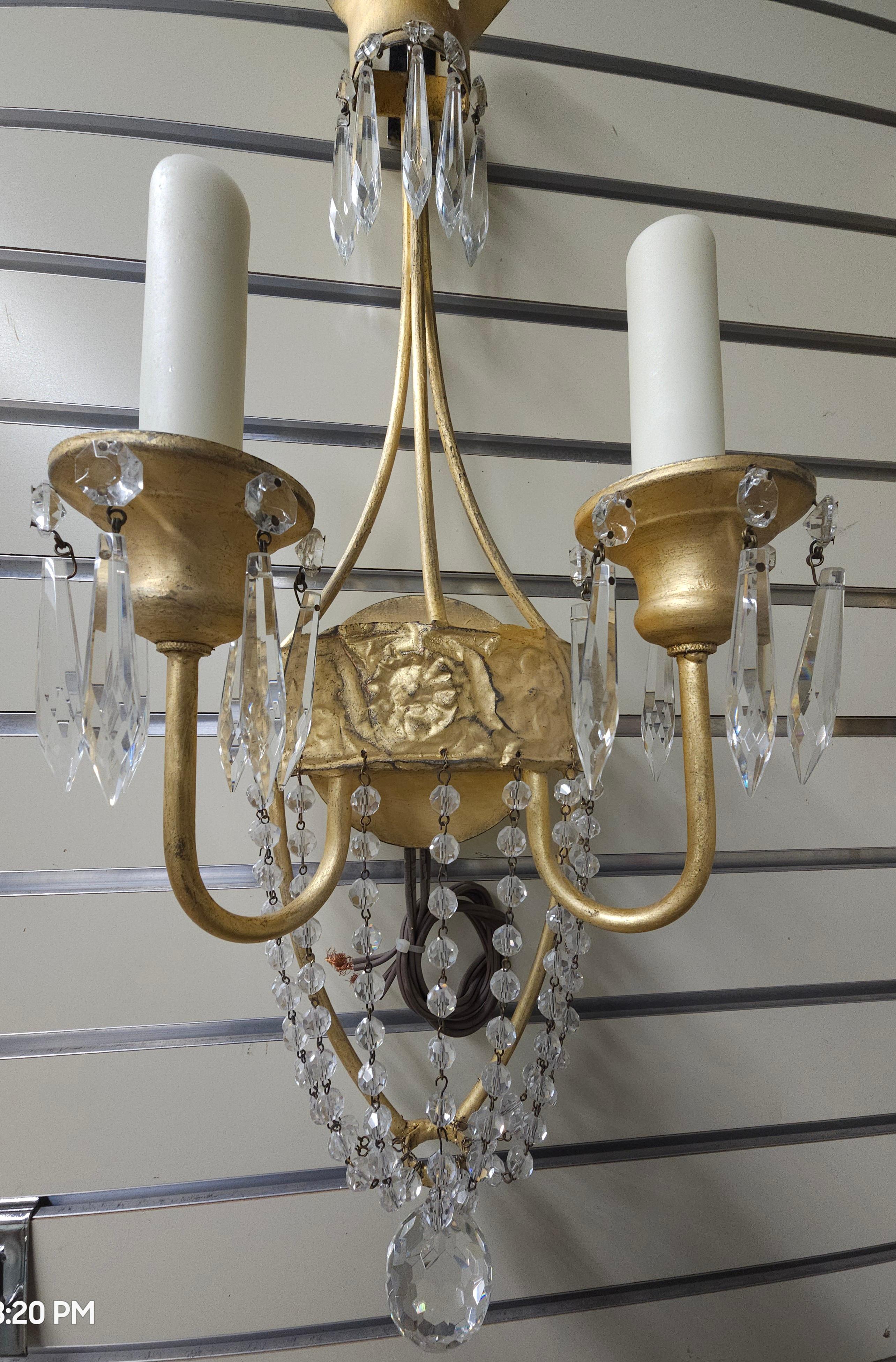 20th Century Pair of Niermann Weeks 'Neapolitan' Crystal & Gilt Metal Two Light Wall Sconces For Sale