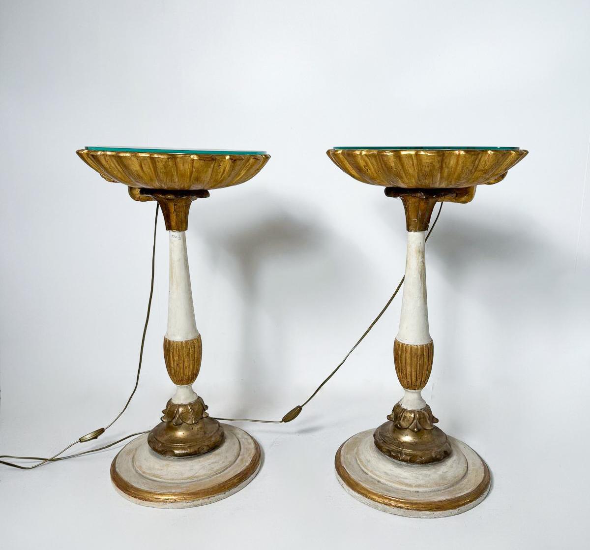 Art Deco Pair of Nighstands Shell Shaped, Wood and Glass, 1900s For Sale