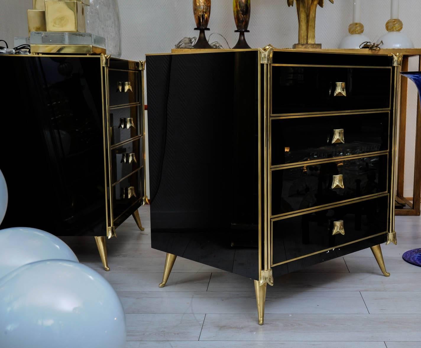 Late 20th Century Pair of Nightstands or Commodes with Four Drawers in Tinted Black Glass