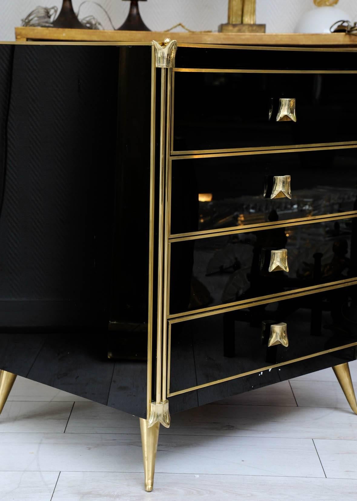 Brass Pair of Nightstands or Commodes with Four Drawers in Tinted Black Glass