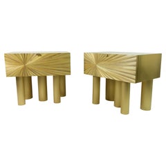 Pair of Night stands in Brass and Natural Straw marquetry by Ginger Brown