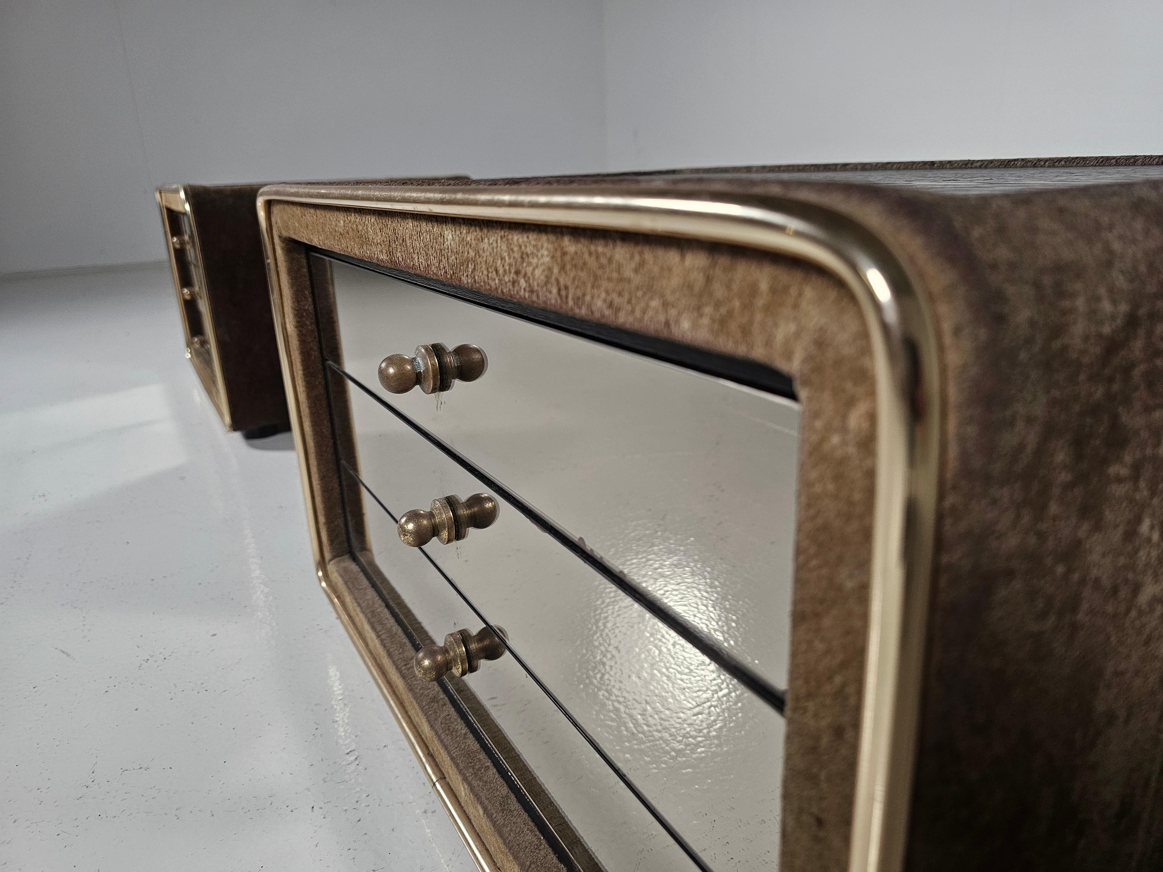 Pair of night stands in brass and suede by RUF International, 1970s For Sale 3