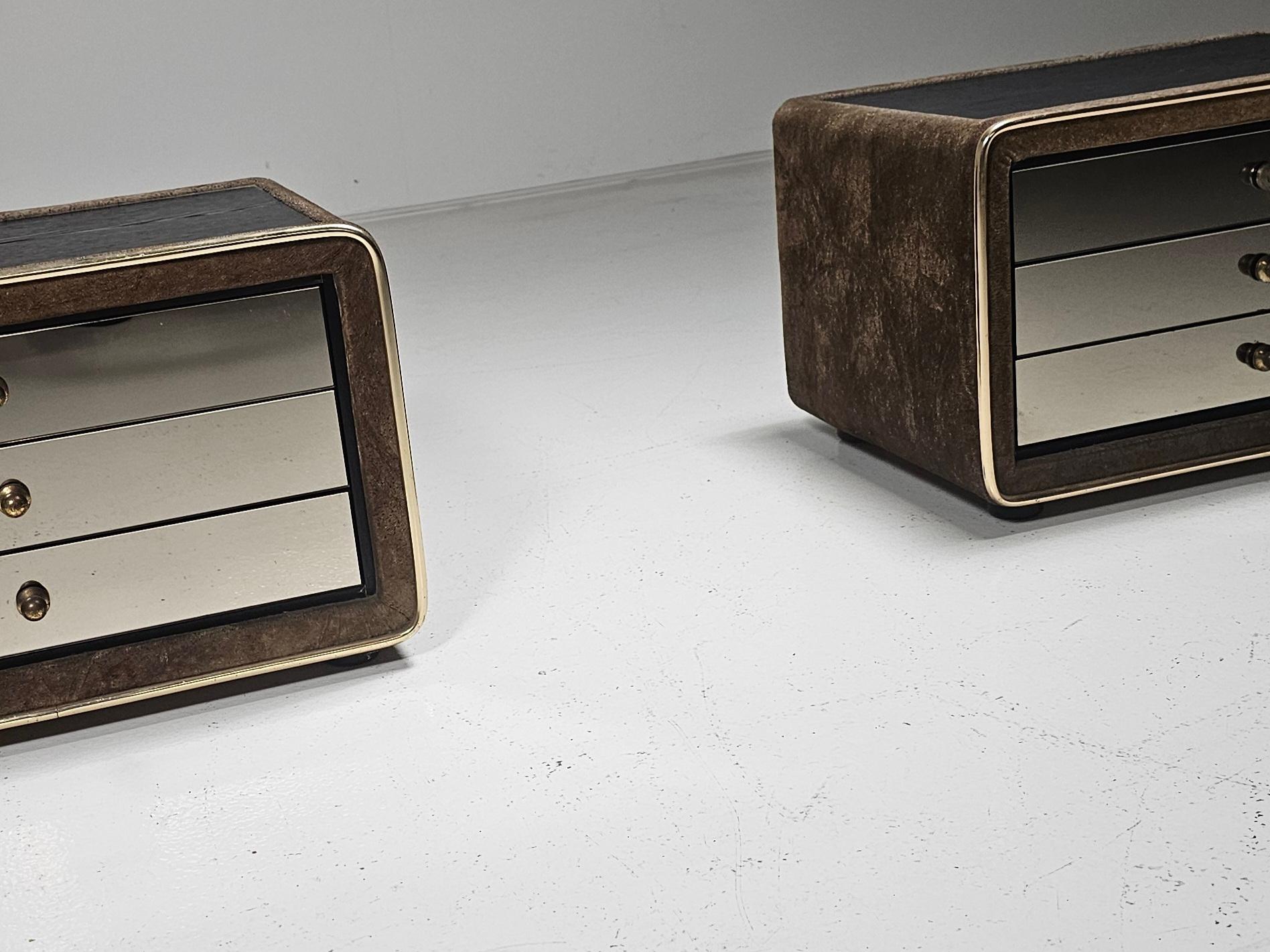 Suede Pair of night stands in brass and suede by RUF International, 1970s For Sale
