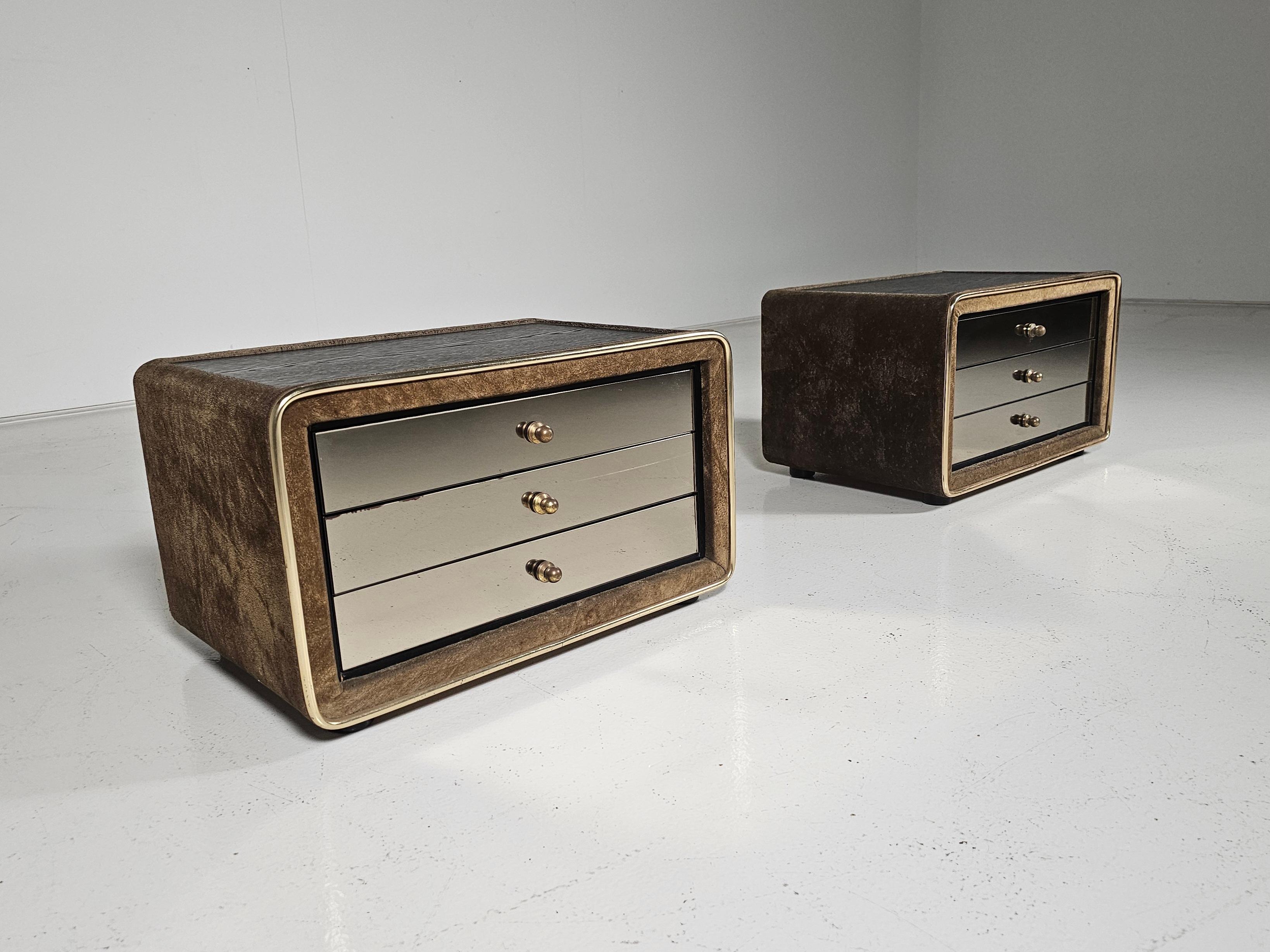 Pair of night stands in brass and suede by RUF International, 1970s For Sale 1