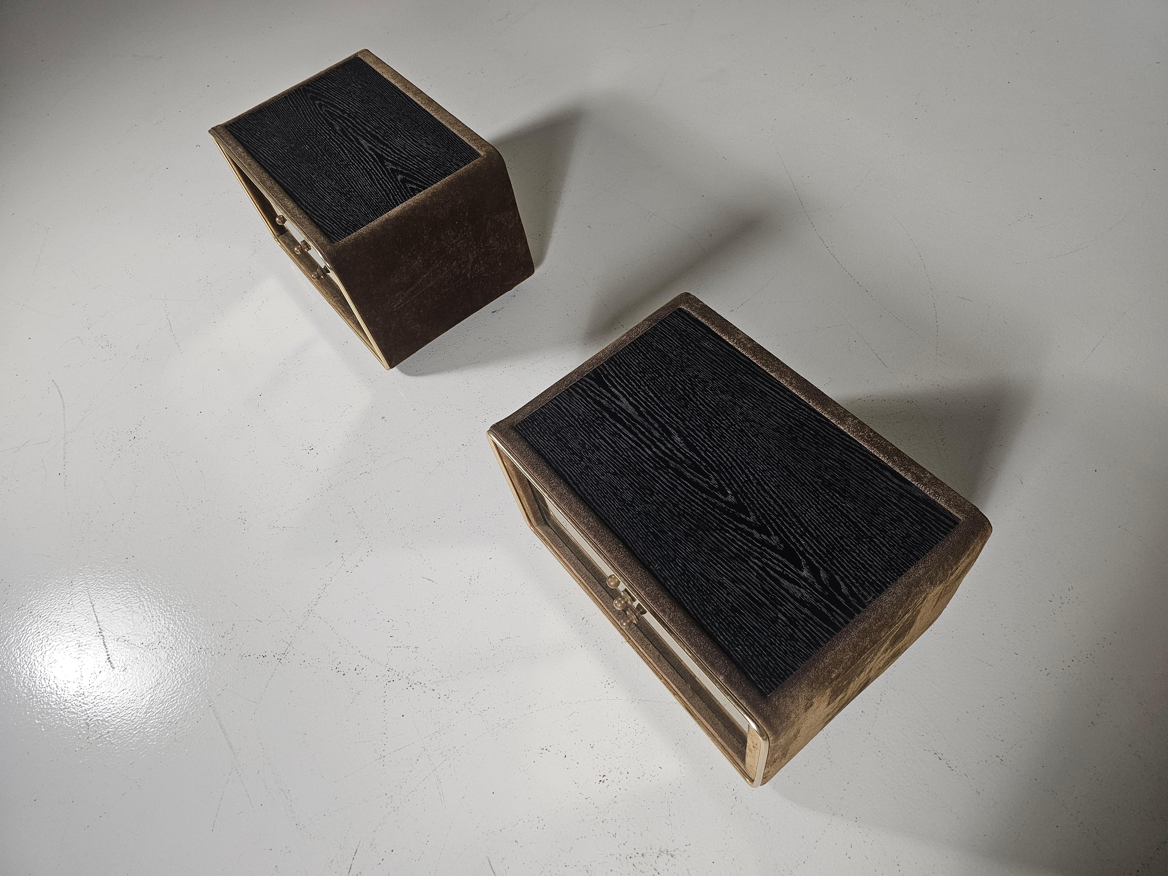 Pair of night stands in brass and suede by RUF International, 1970s For Sale 2