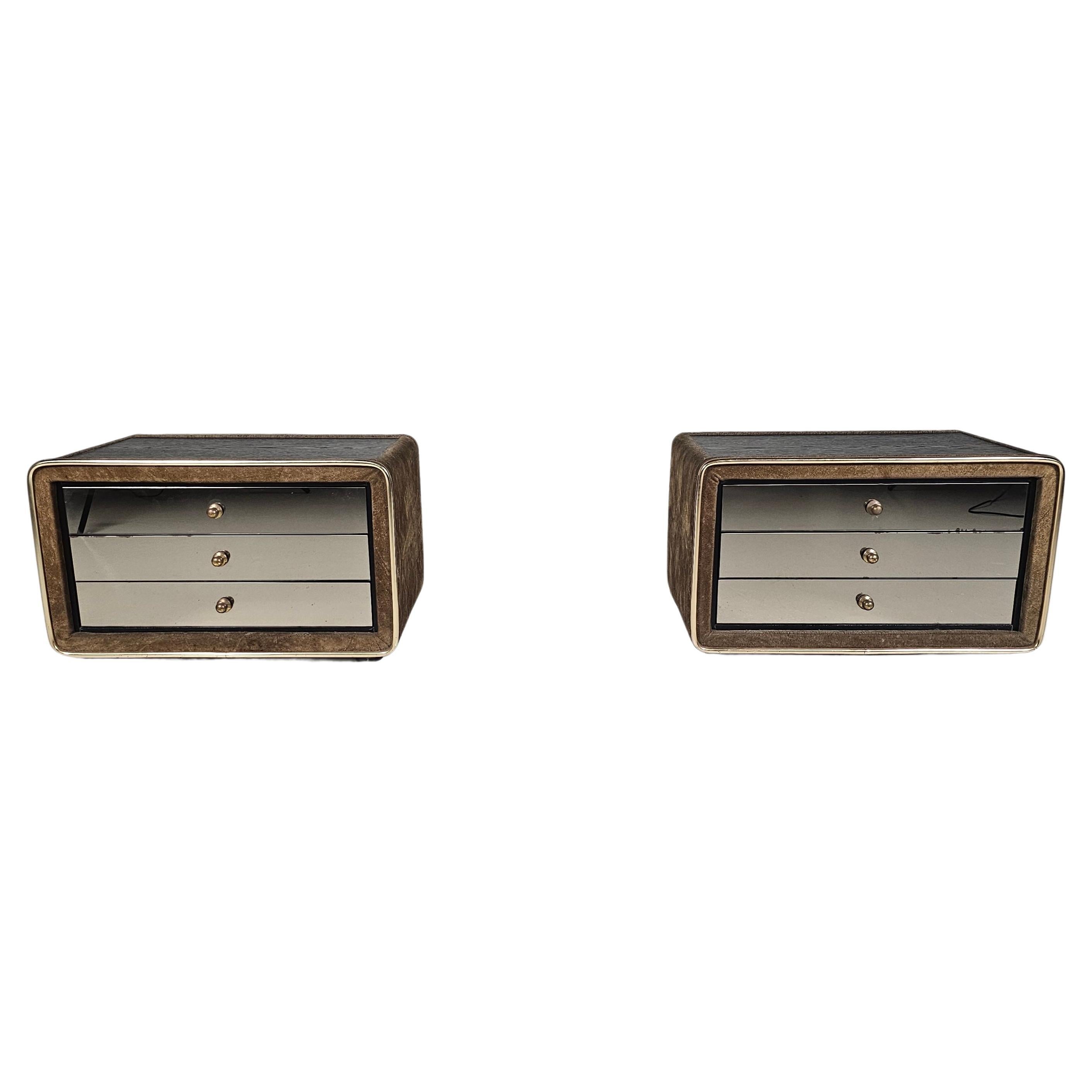 Pair of night stands in brass and suede by RUF International, 1970s For Sale