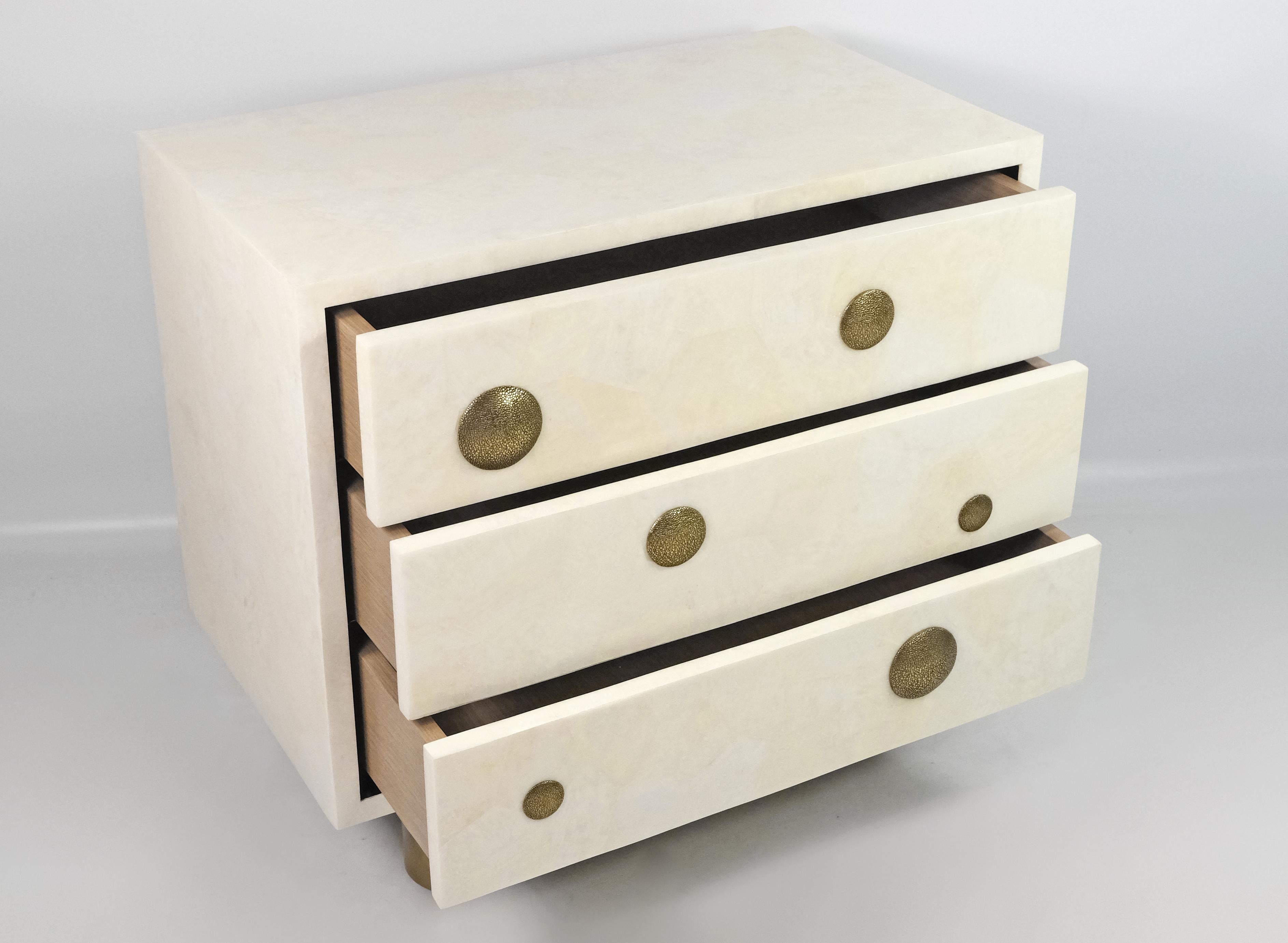 Hand-Crafted Pair of Night Stands in White Rock Crystal with bronze decor by Ginger Brown For Sale