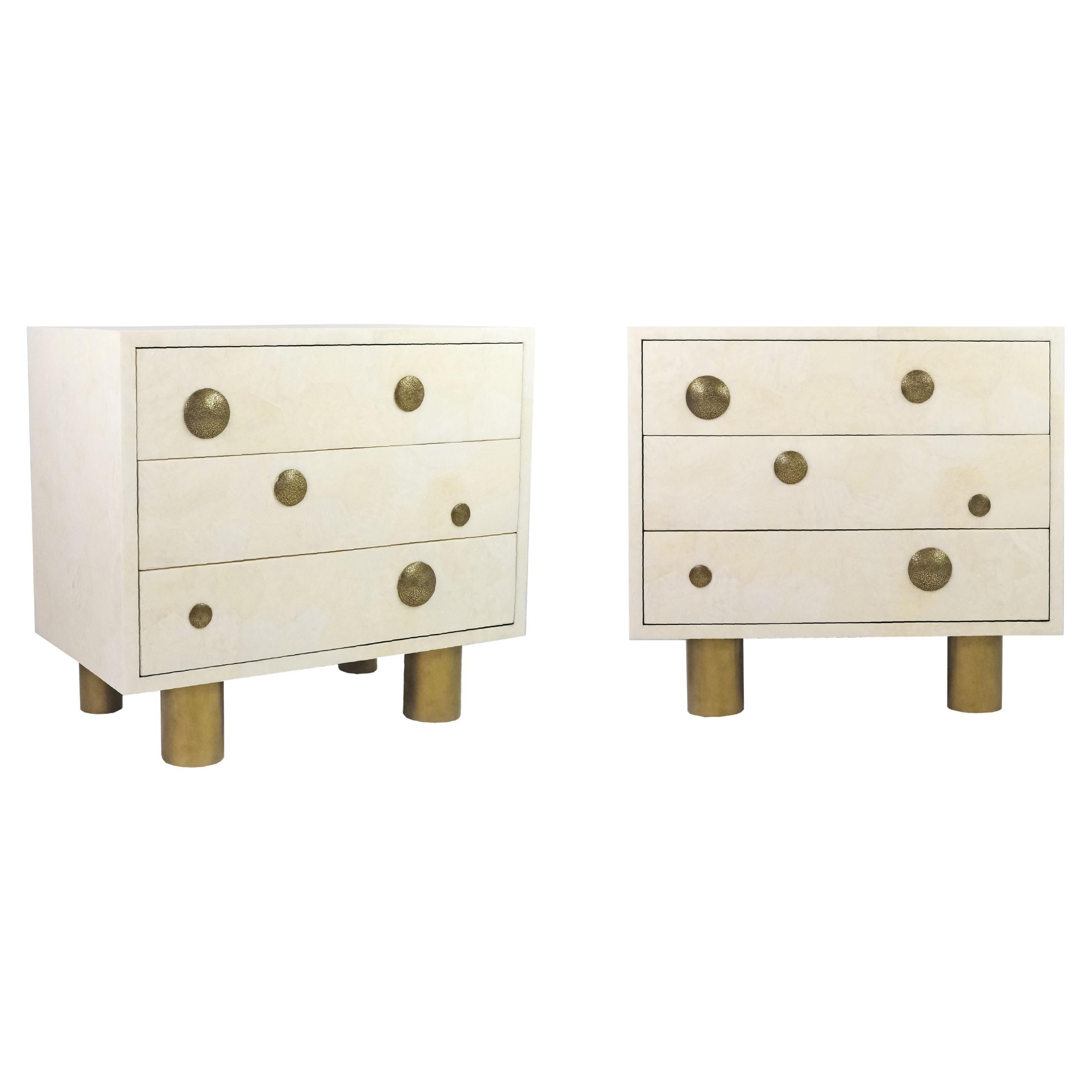 Pair of Night Stands in White Rock Crystal with bronze decor by Ginger Brown