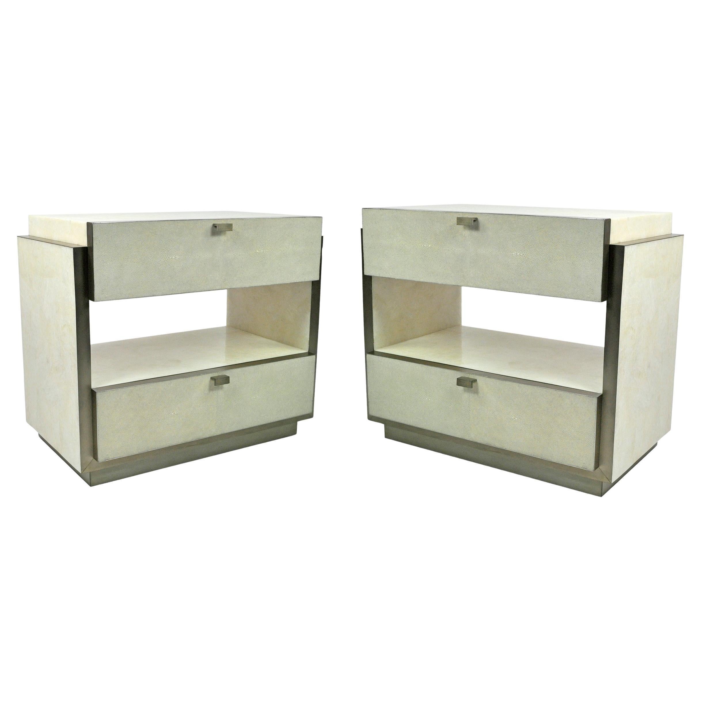 Pair of Night Stands in White Rock crystal with steel trims by Ginger Brown For Sale