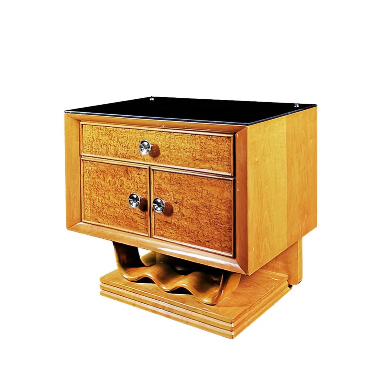 Pair of Nightstands, Maple and Bird'sEye Maple, Opaline Glass, Brass