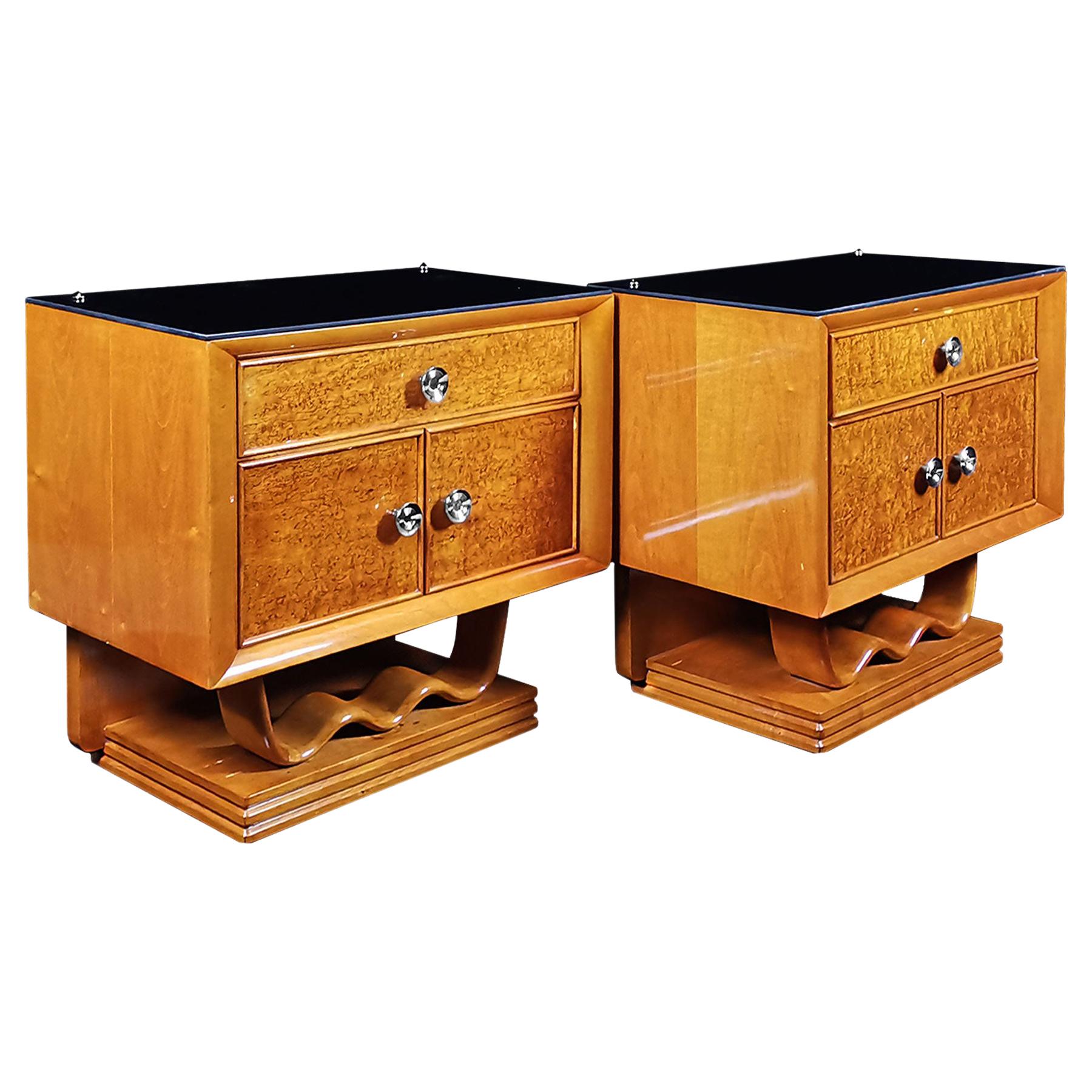 Pair of Mid-Century Modern Nightstands, Maple, Opaline Glass, Brass - Italy