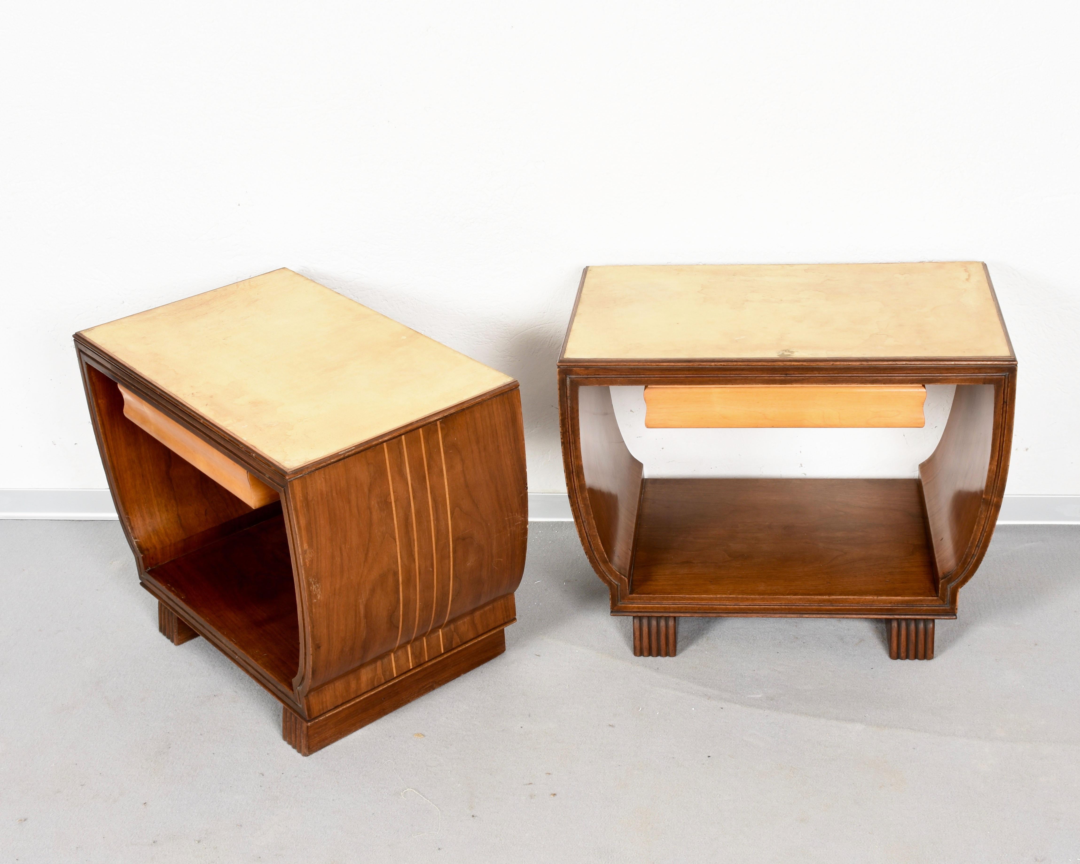 Pair of Night Stands Parchment Wood Valzania. Italian Bed Side Italy, 1930s I 8