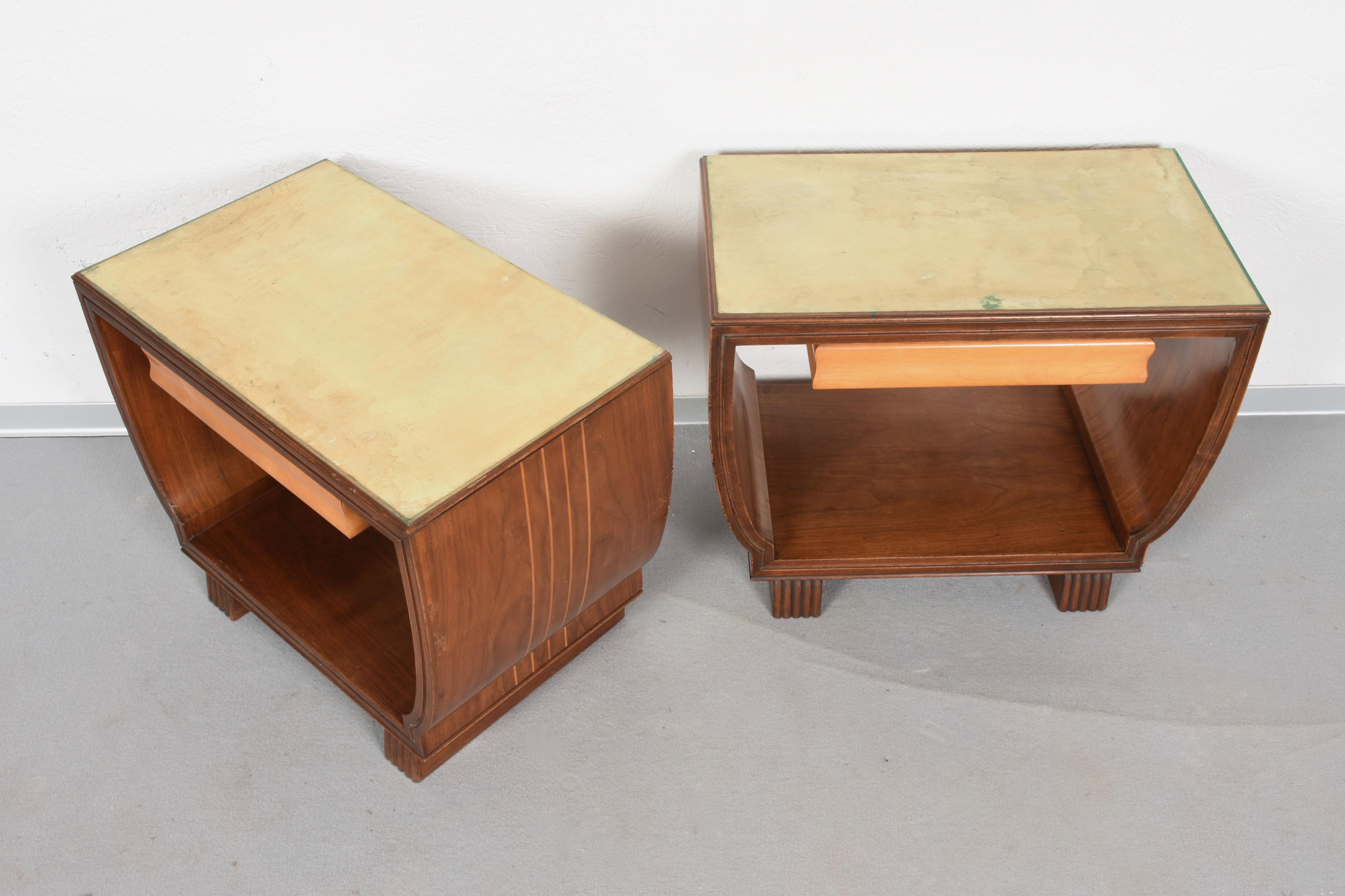 Pair of Night Stands Parchment Wood Valzania. Italian Bed Side Italy, 1930s I 10