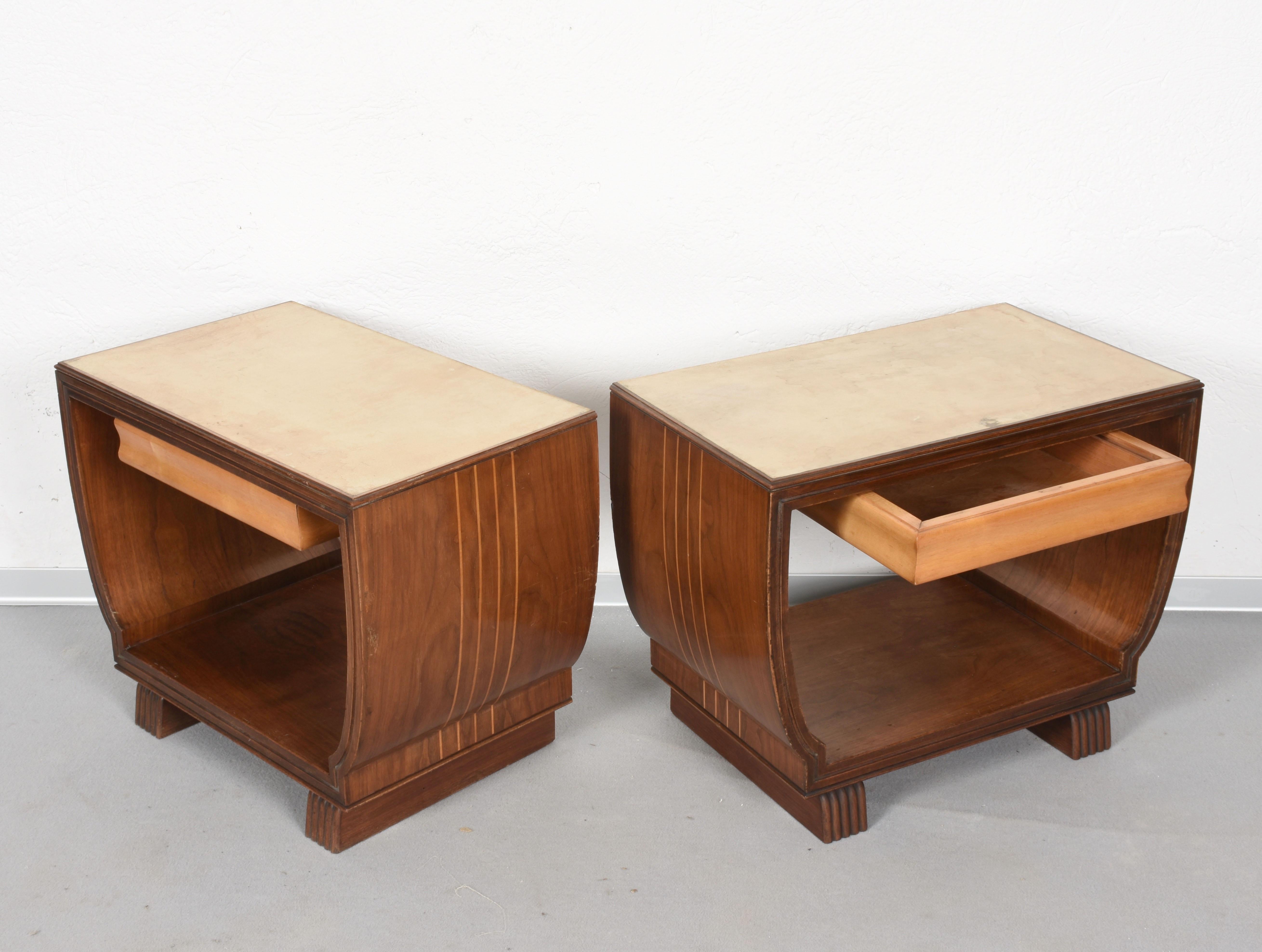 Pair of Night Stands Parchment Wood Valzania. Italian Bed Side Italy, 1930s I 11