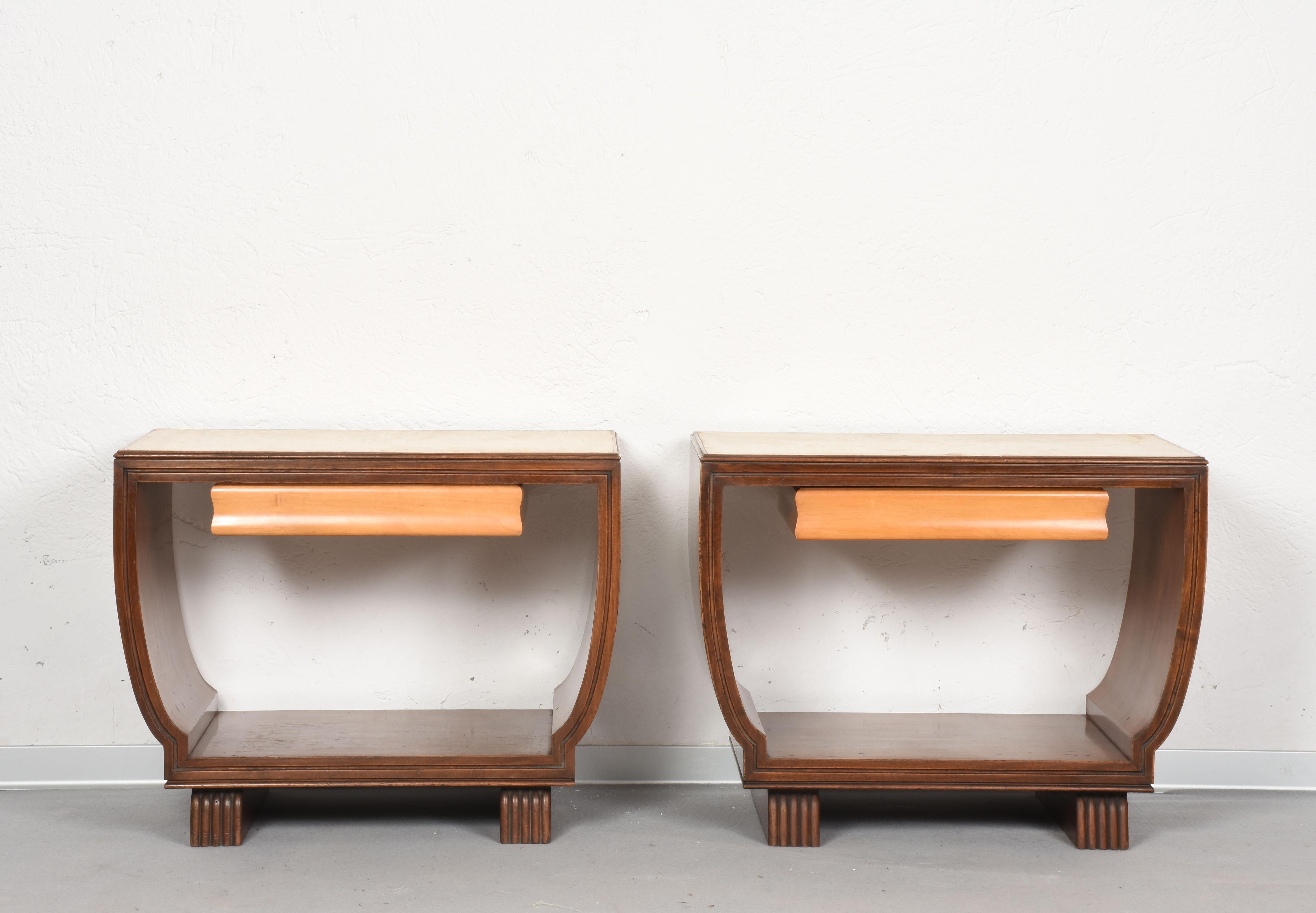 Pair of Night Stands Parchment Wood Valzania. Italian Bed Side Italy, 1930s I 12