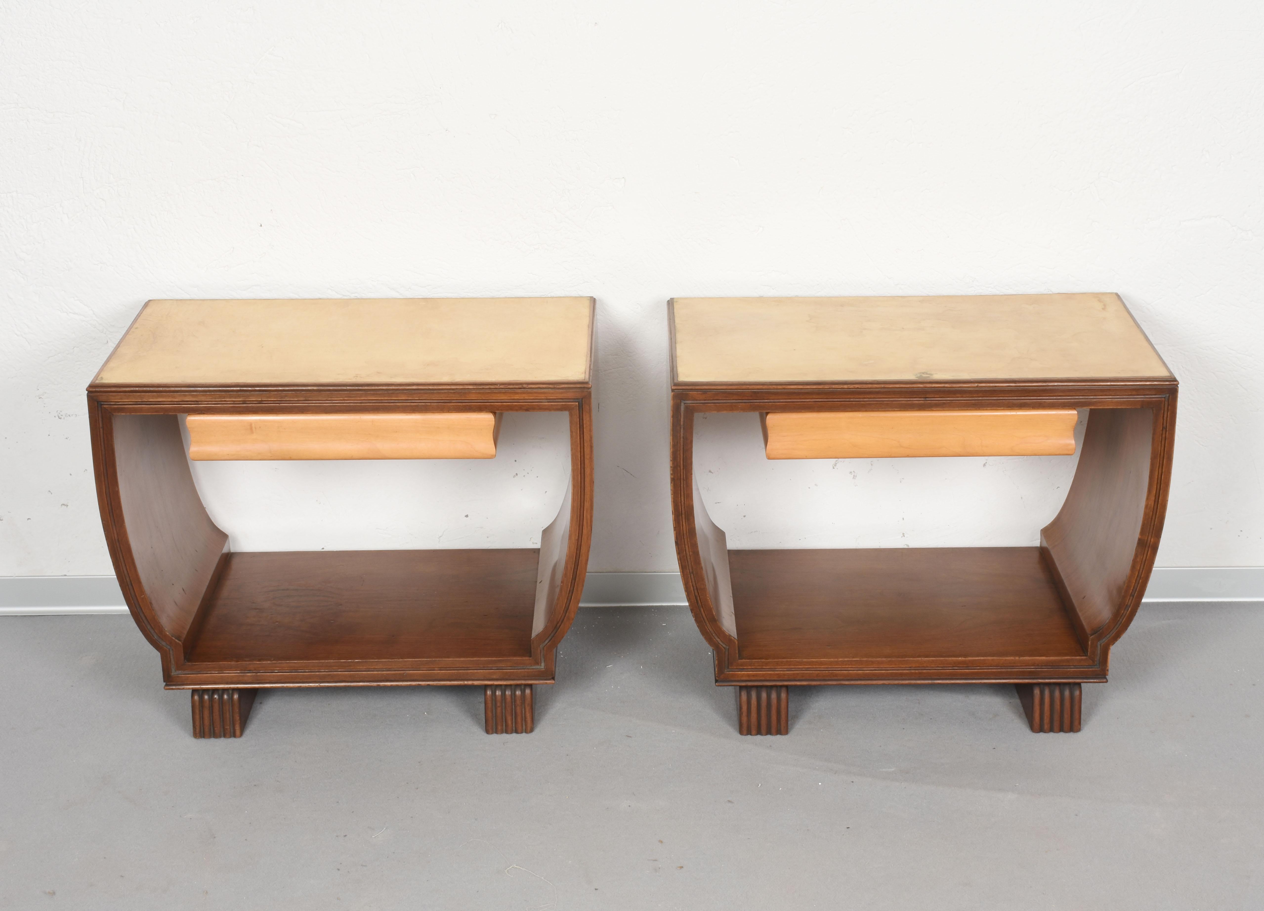 Pair of Night Stands Parchment Wood Valzania. Italian Bed Side Italy, 1930s I 1
