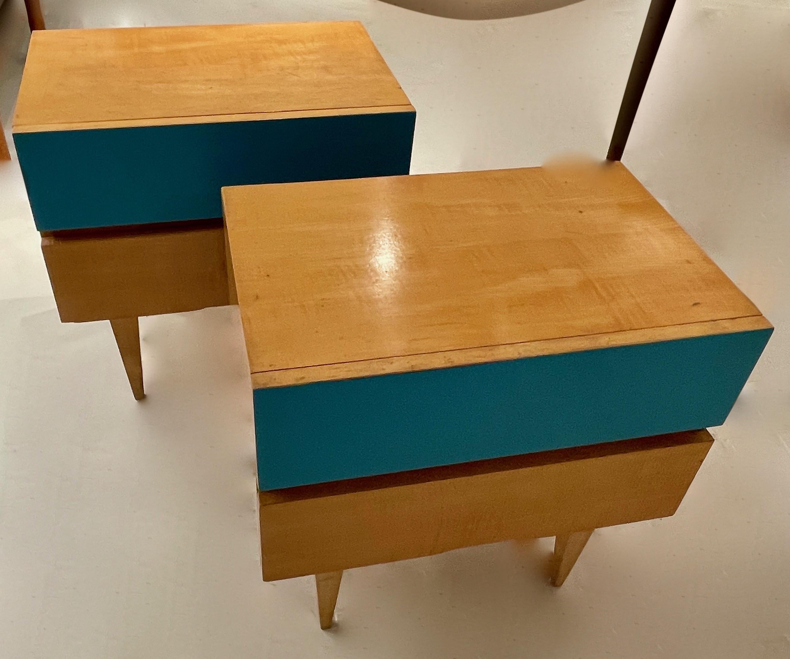 Mid-Century Modern Pair of Night Stands With A Blue Drawer, In The Style Of  Gio Ponti- Italy 1950