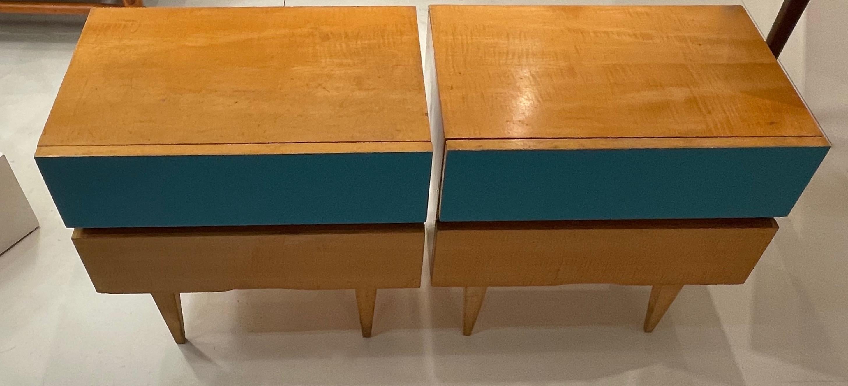 Mid-20th Century Pair of Night Stands With A Blue Drawer, In The Style Of  Gio Ponti- Italy 1950