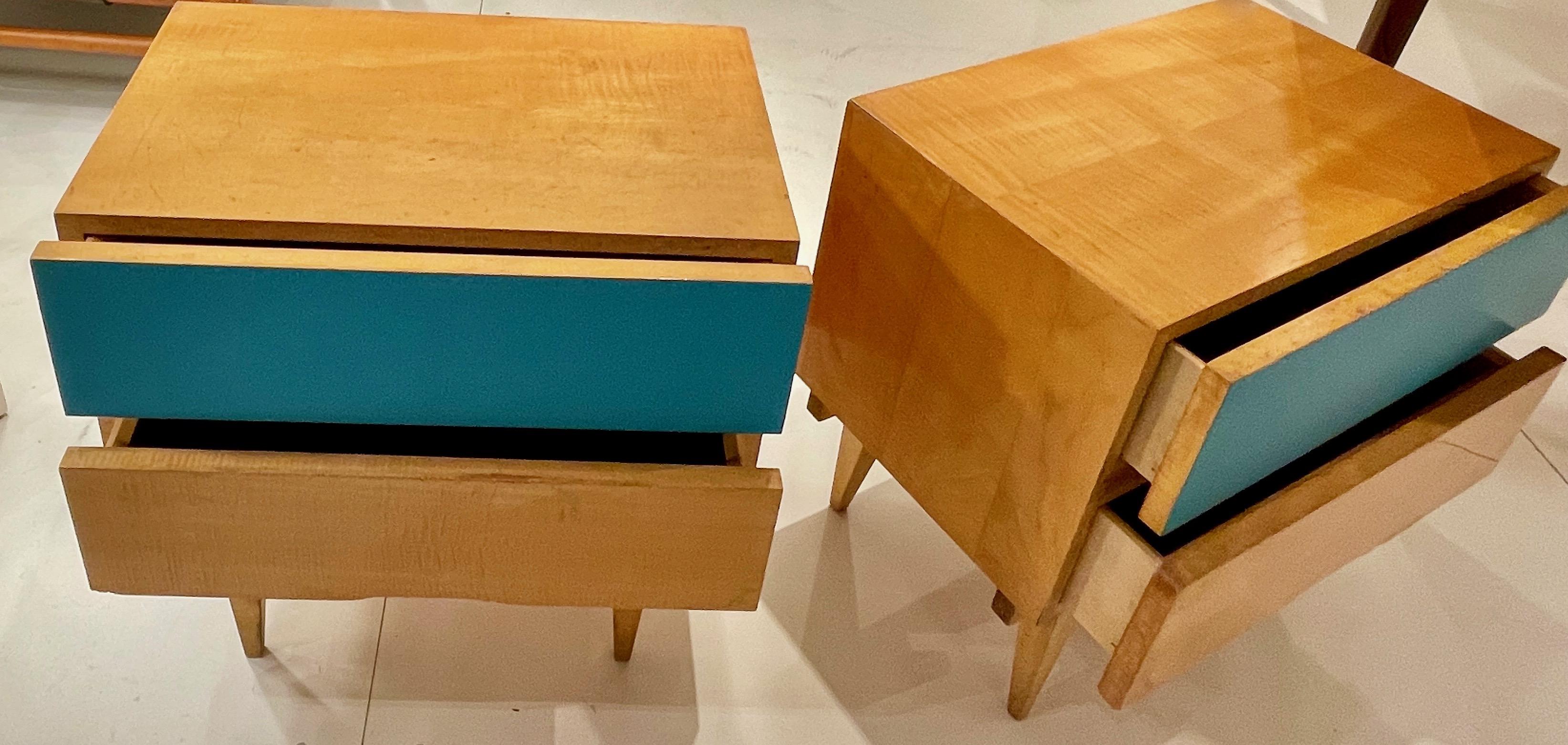 Sycamore Pair of Night Stands With A Blue Drawer, In The Style Of  Gio Ponti- Italy 1950
