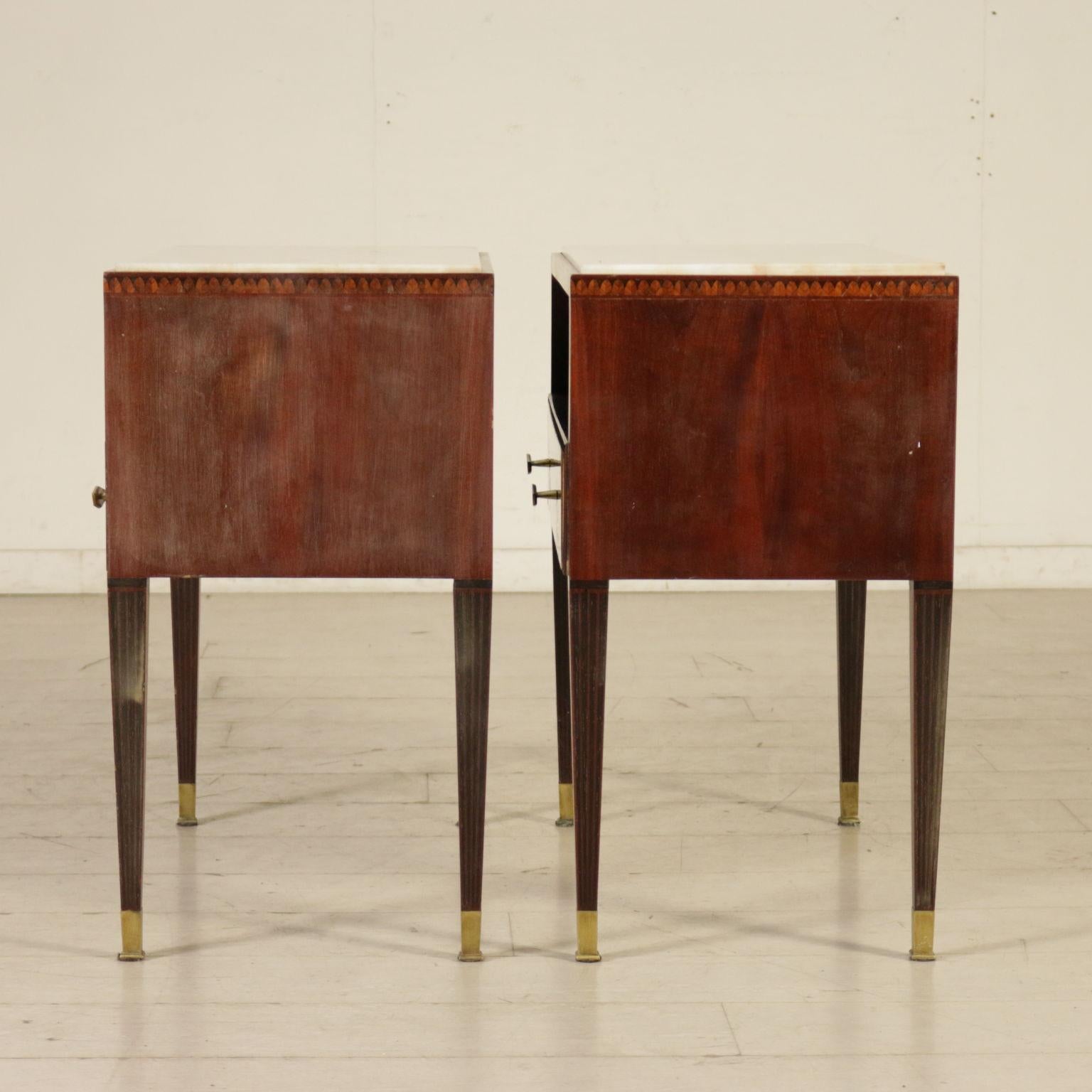 Pair of Nightstand Mahogany Brass Marble Vintage Italy, 1950s 5