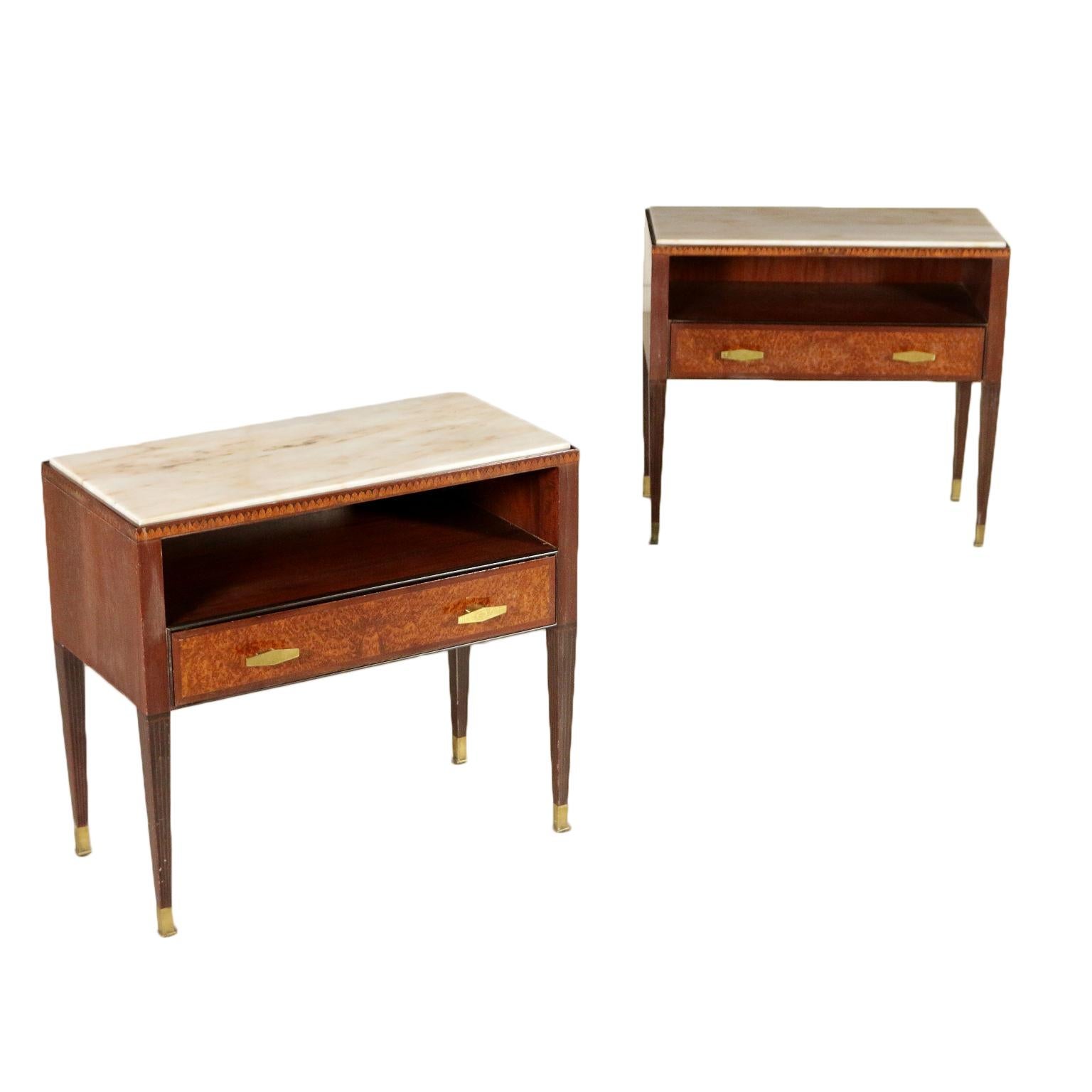 Pair of Nightstand Mahogany Brass Marble Vintage Italy, 1950s