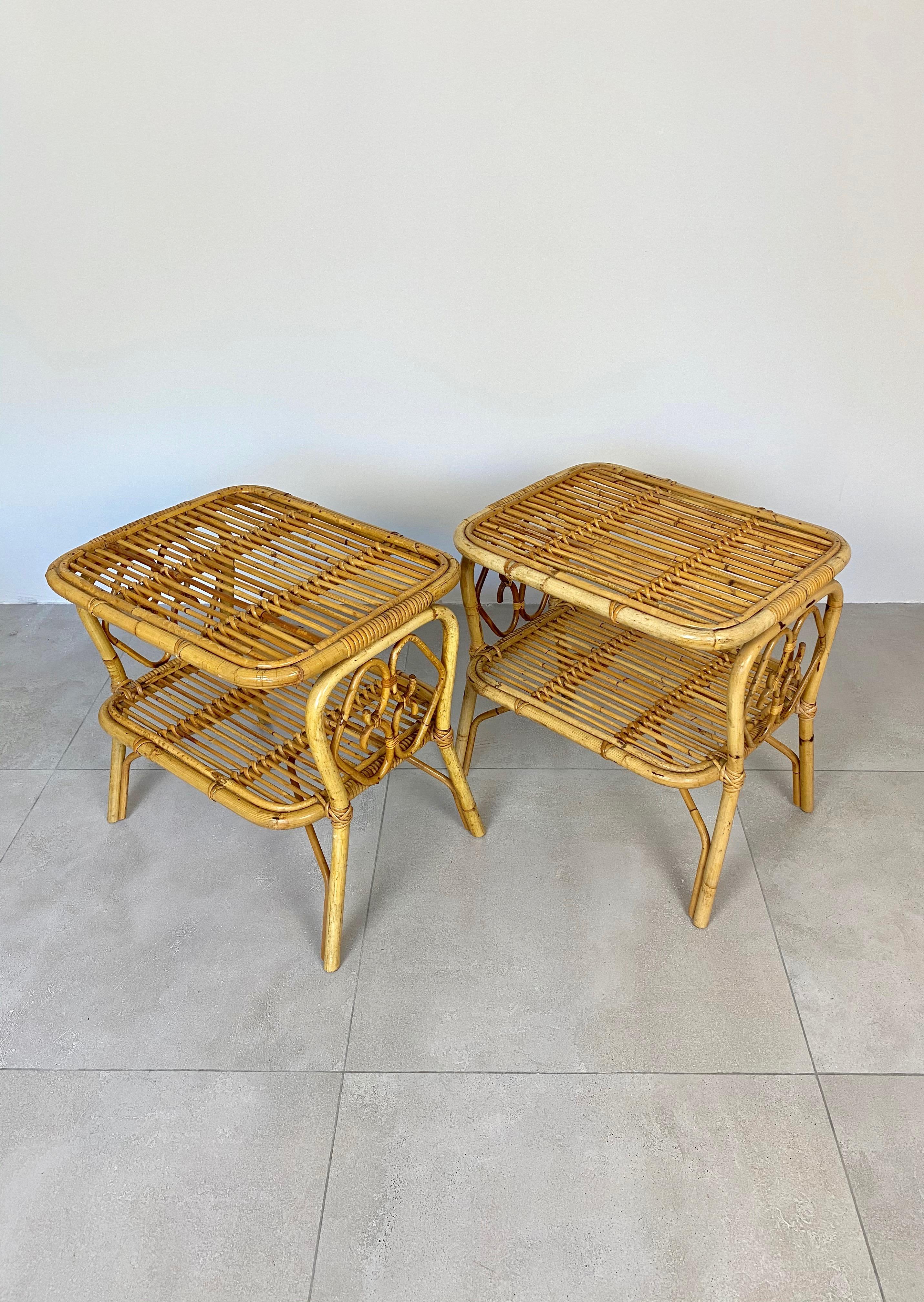 Mid-Century Modern Pair of Nightstand Side Table in Bamboo Rattan, Italy, 1970s