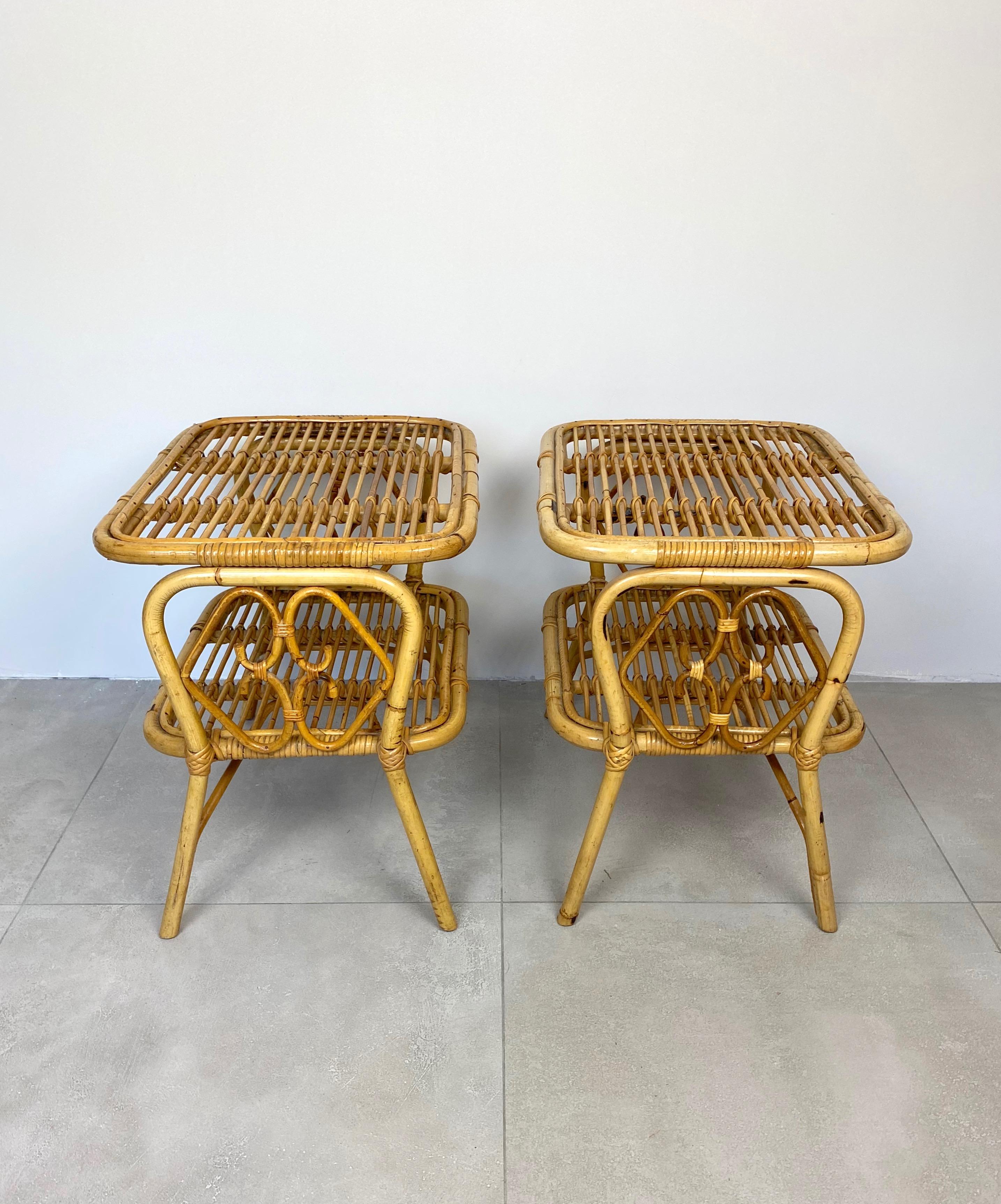 Italian Pair of Nightstand Side Table in Bamboo Rattan, Italy, 1970s