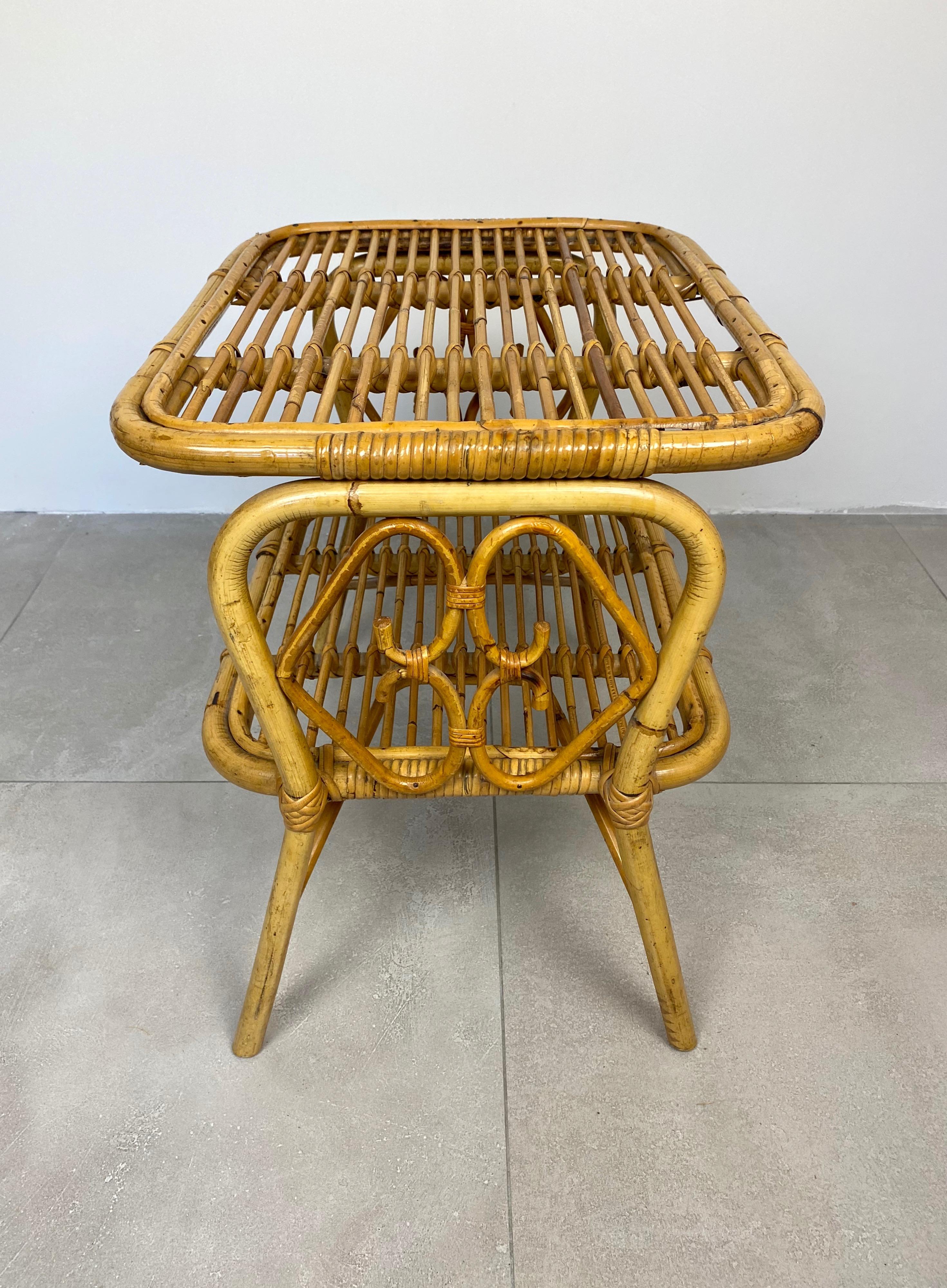 Late 20th Century Pair of Nightstand Side Table in Bamboo Rattan, Italy, 1970s