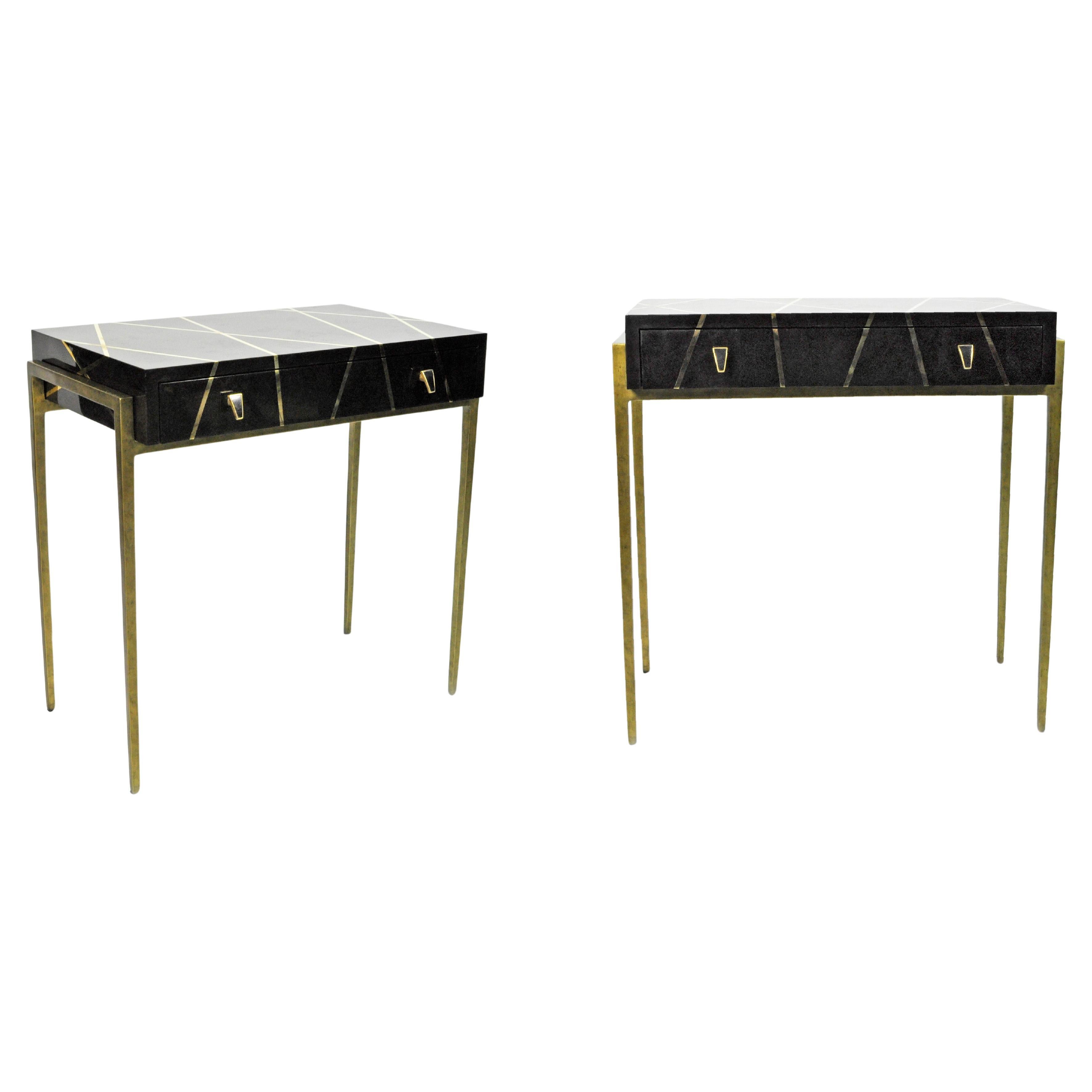 Pair of Nightstand Tables in Black Marquetry and Brass by Ginger Brown