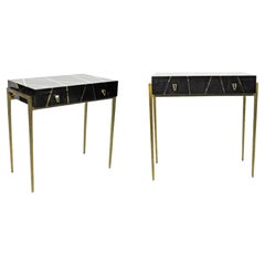 Pair of Nightstand Tables in Black Marquetry and Brass by Ginger Brown