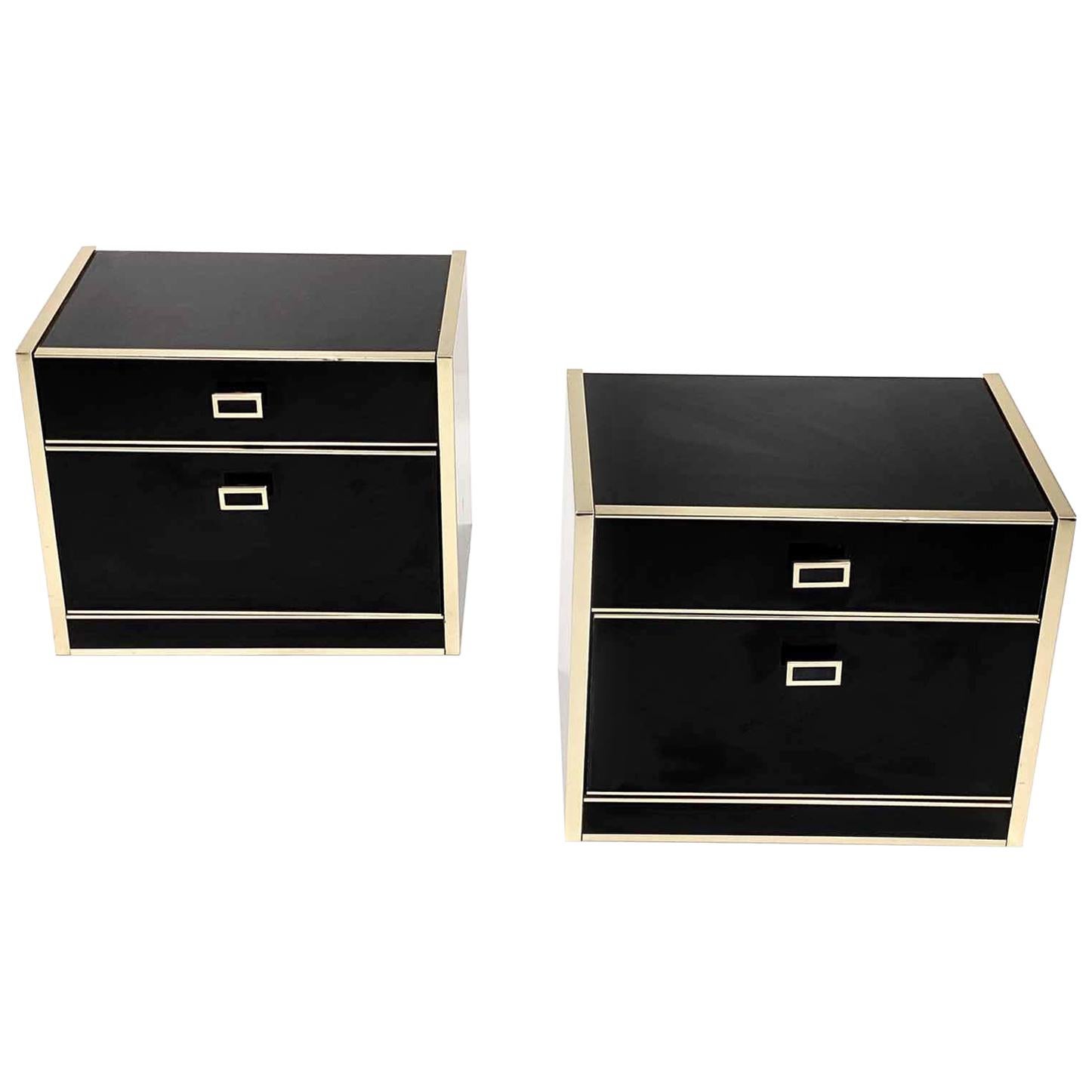 Pair of Nightstands, Black Lacquered and Brass, from France, 1970