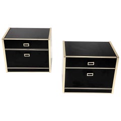 Pair of Nightstands, Black Lacquered and Brass, from France, 1970