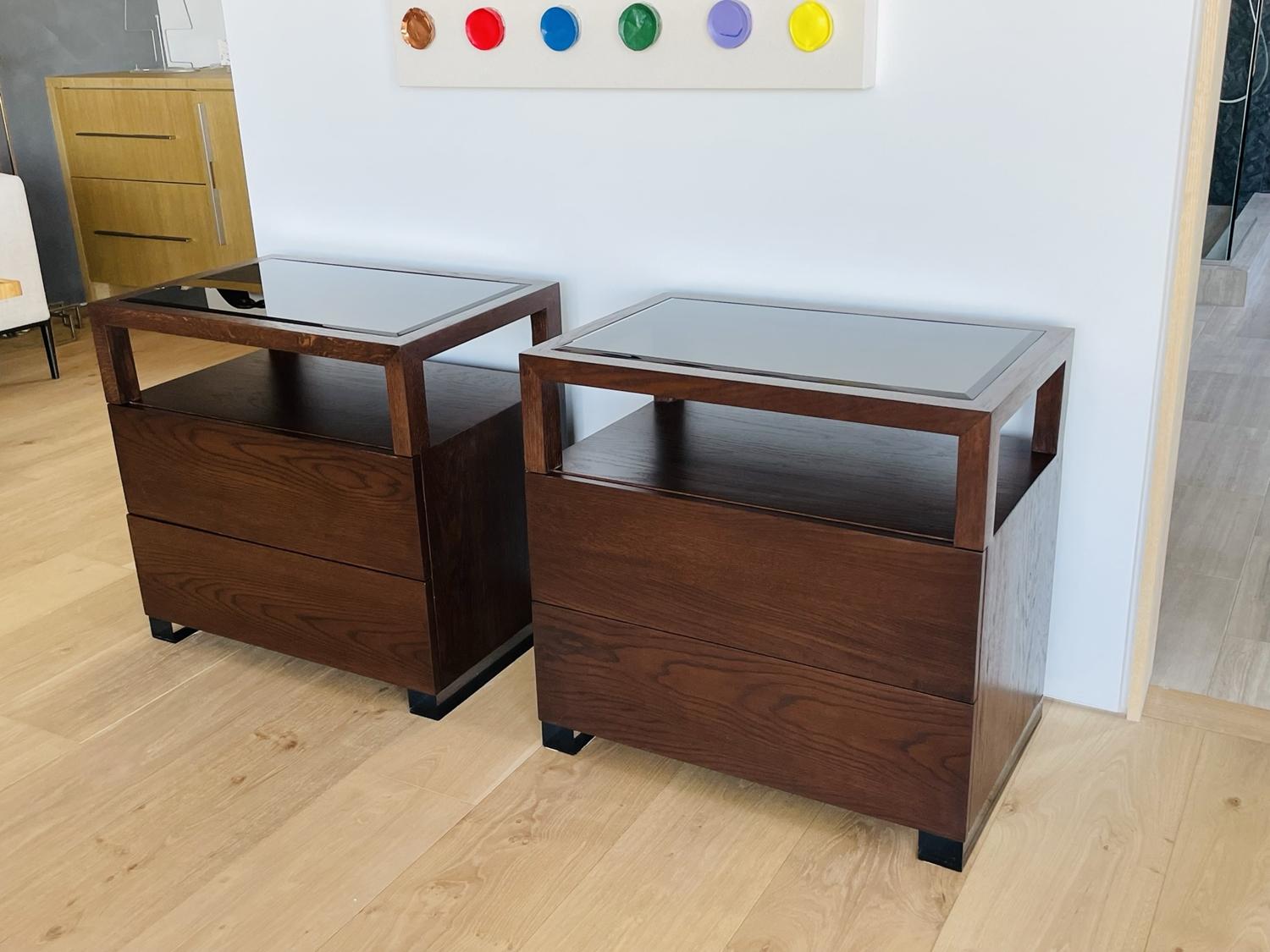 Post-Modern Pair of Nightstands by Cain Modern Made in Solid Oak and Bronzed Lucite For Sale