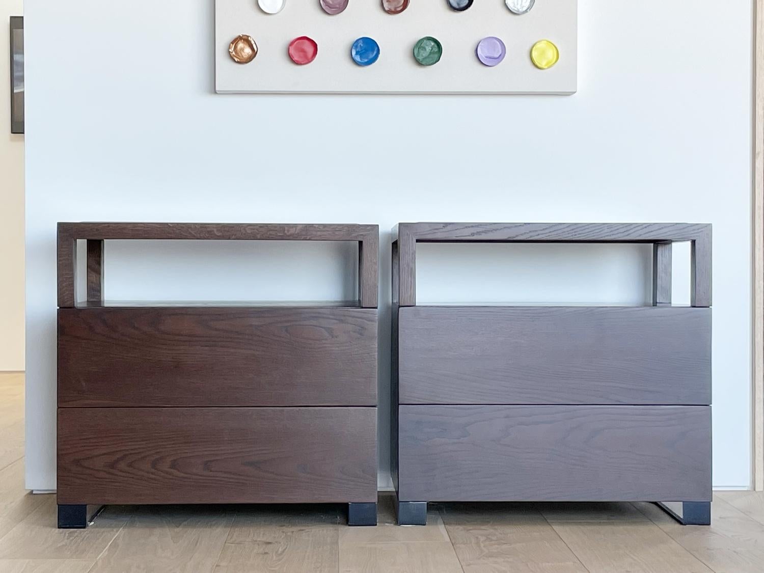 Contemporary Pair of Nightstands by Cain Modern Made in Solid Oak and Bronzed Lucite For Sale
