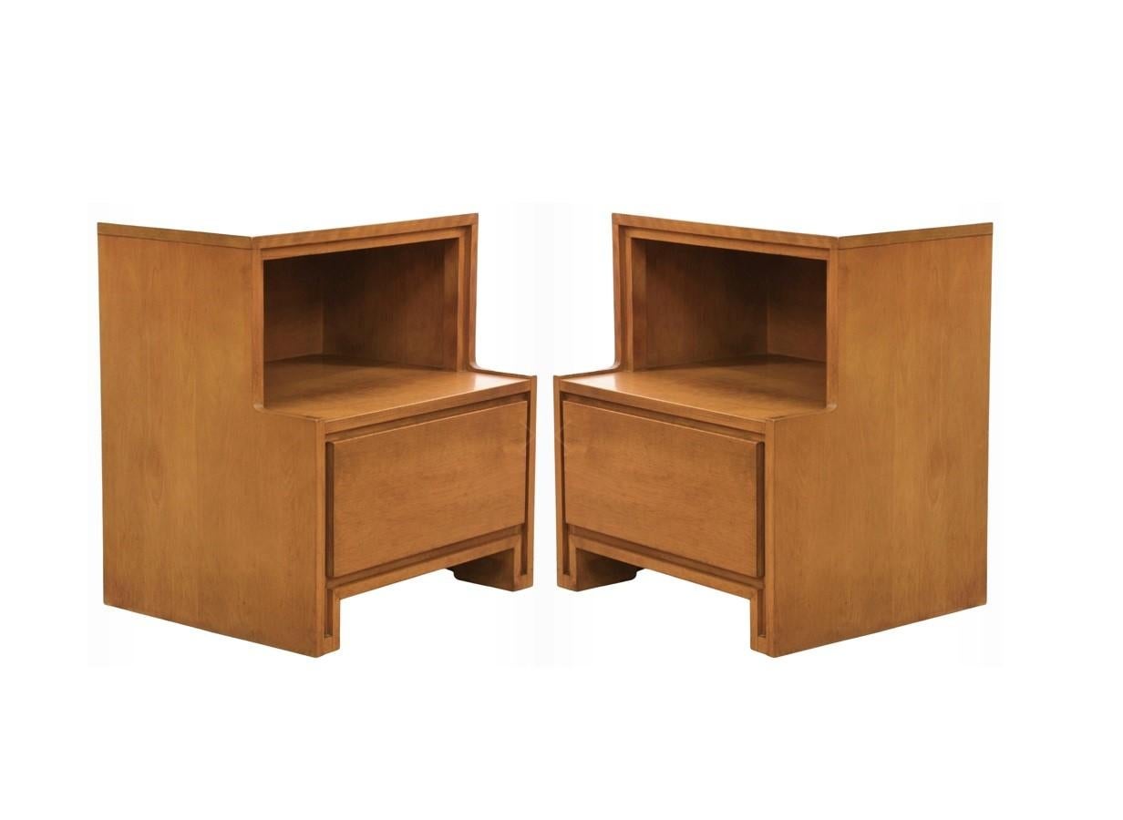 Upgrade your master bedroom or guest room with these nightstands by Russel Wright for Conant Ball. When it comes to decorating, the smallest pieces can make the biggest impact. Crafted from solid wood that will last for years. Its frame takes on a