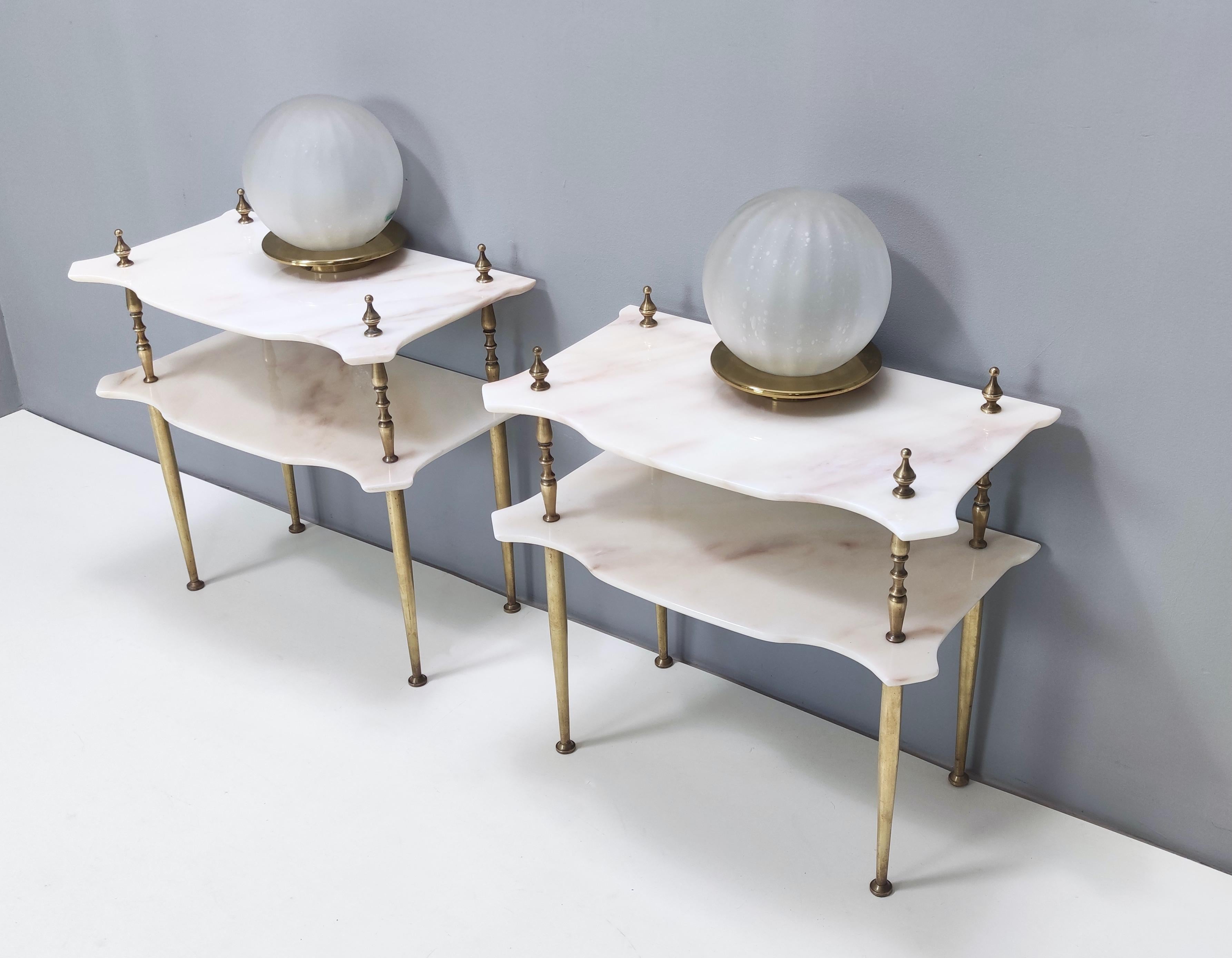 Mid-Century Modern Pair of Nightstands / Console Tables with Marble Tops and Brass Legs, Italy