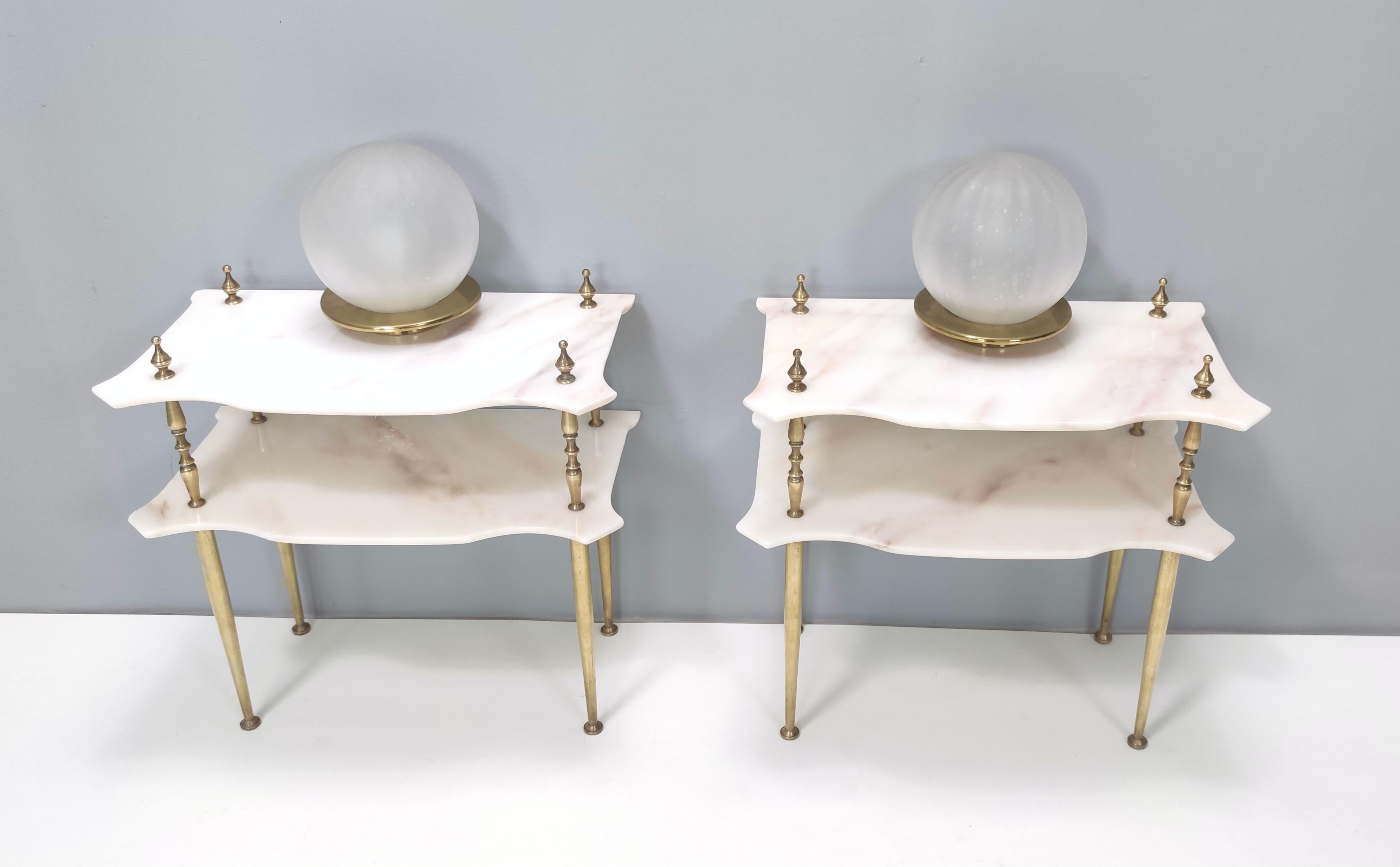 Italian Pair of Nightstands / Console Tables with Marble Tops and Brass Legs, Italy
