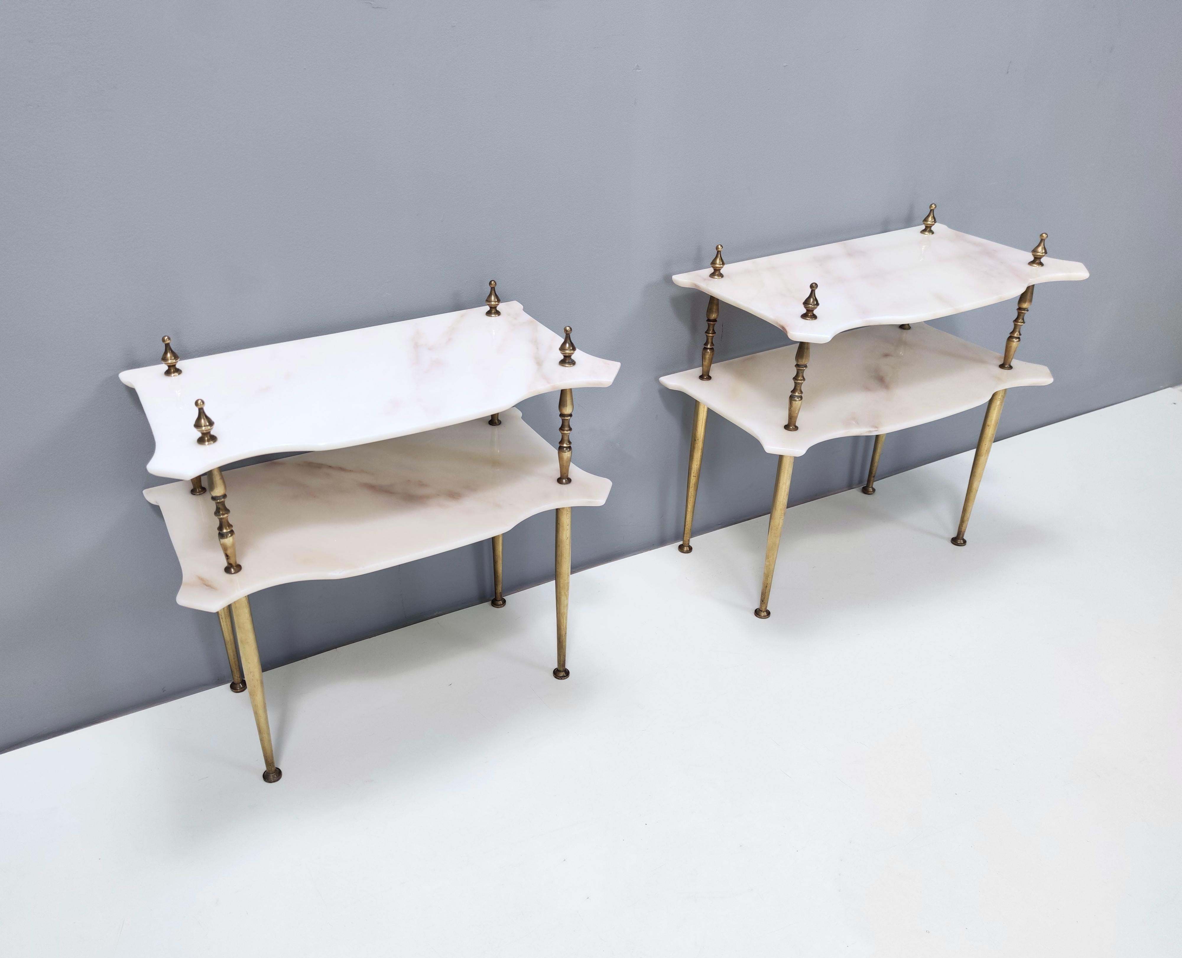 Pair of Nightstands / Console Tables with Marble Tops and Brass Legs, Italy 1