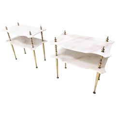 Pair of Nightstands / Console Tables with Marble Tops and Brass Legs, Italy