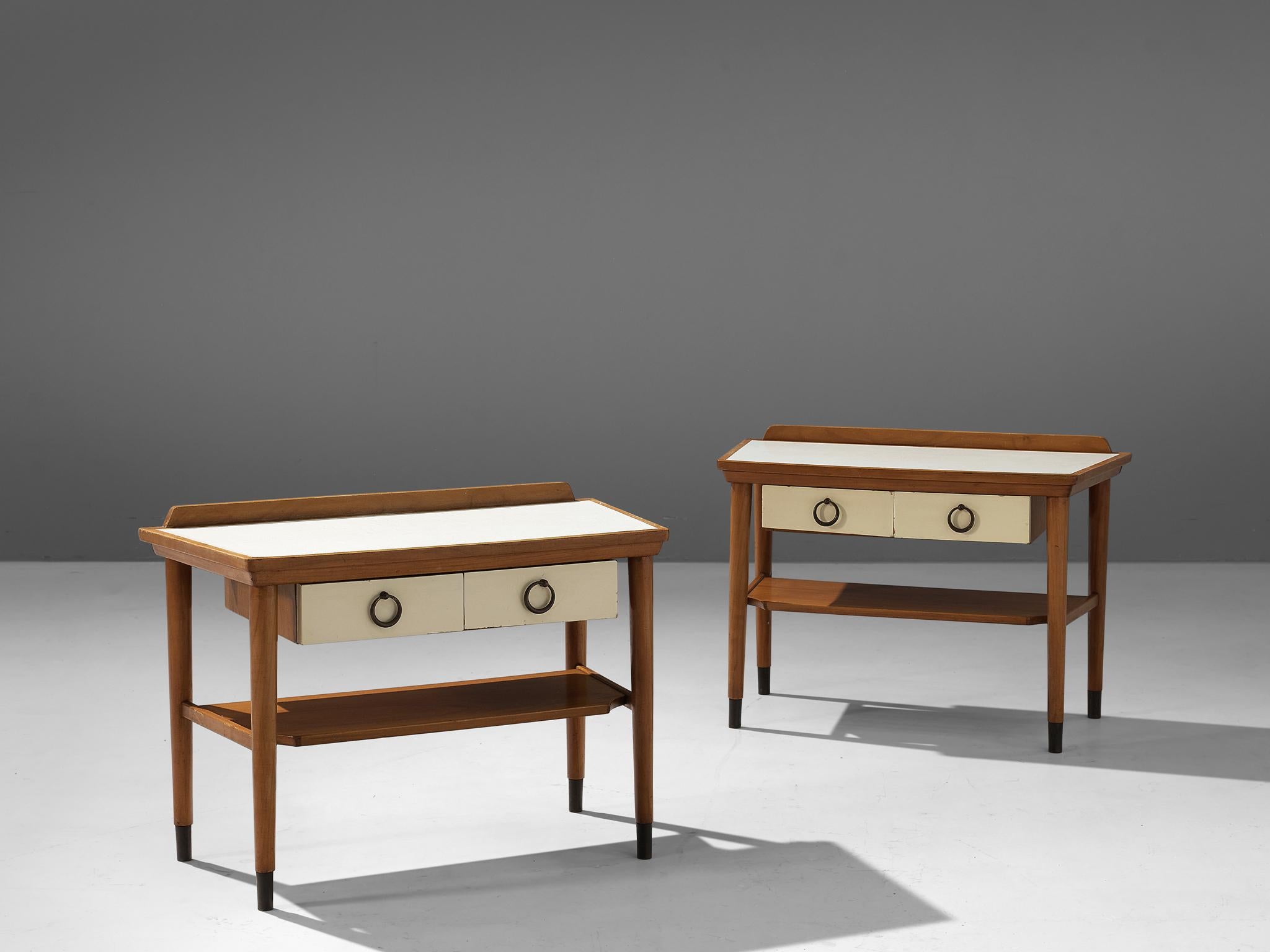 Pair of nightstands or small cabinets, cherry, lacquered wood, formica, Europe, 1960s

Modest and elegant pair of nightstands executed in cherry wood combined with white formica top and lacquered wooden fronts of the drawers. These items are made