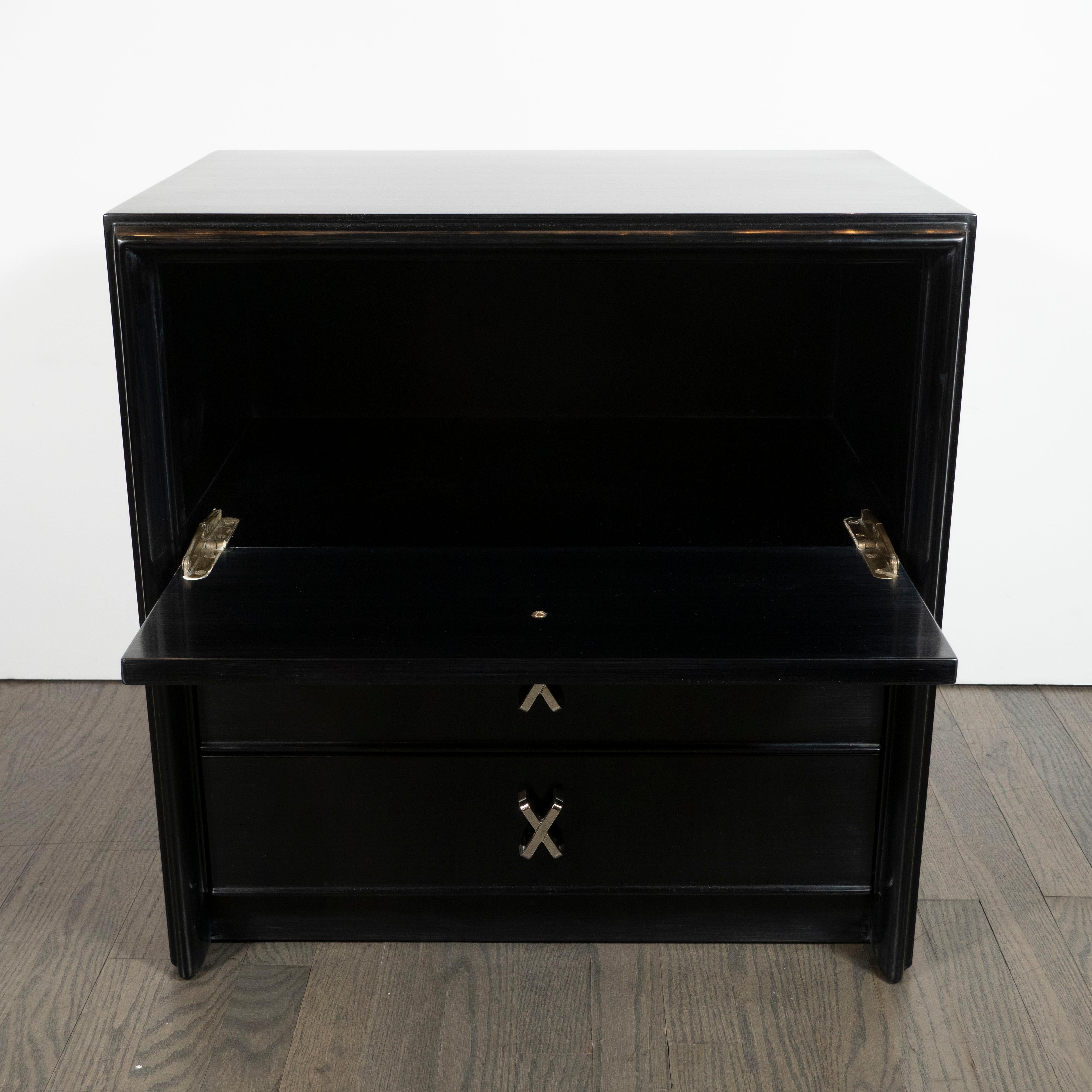 Mid-20th Century Pair of Nightstands in Ebonized Walnut with Nickel 