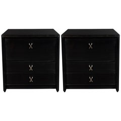 Pair of Nightstands in Ebonized Walnut with Nickel "X" Fittings by Paul Frankl﻿