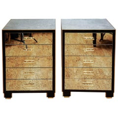 Pair of Nightstands in Mirror and Tinted Glass with Five Drawers