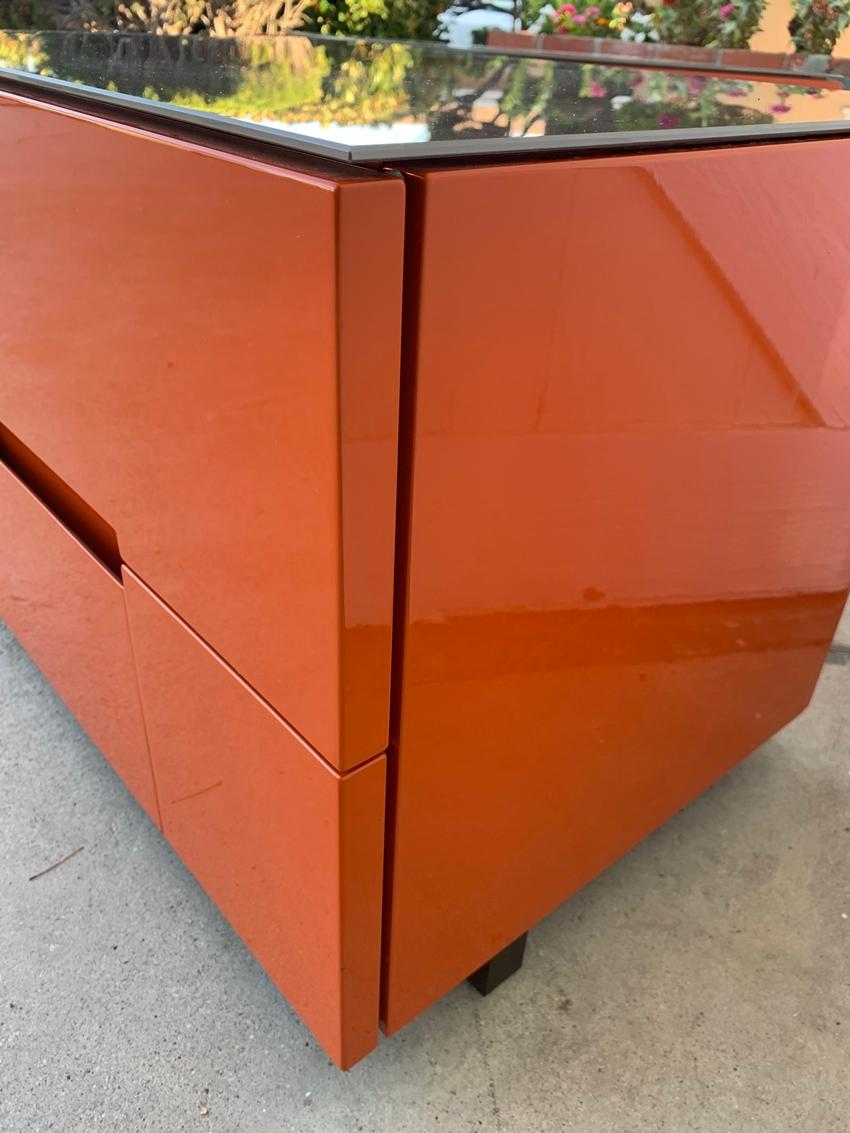 Pair of Nightstands in Orange Lacquer Finish 3