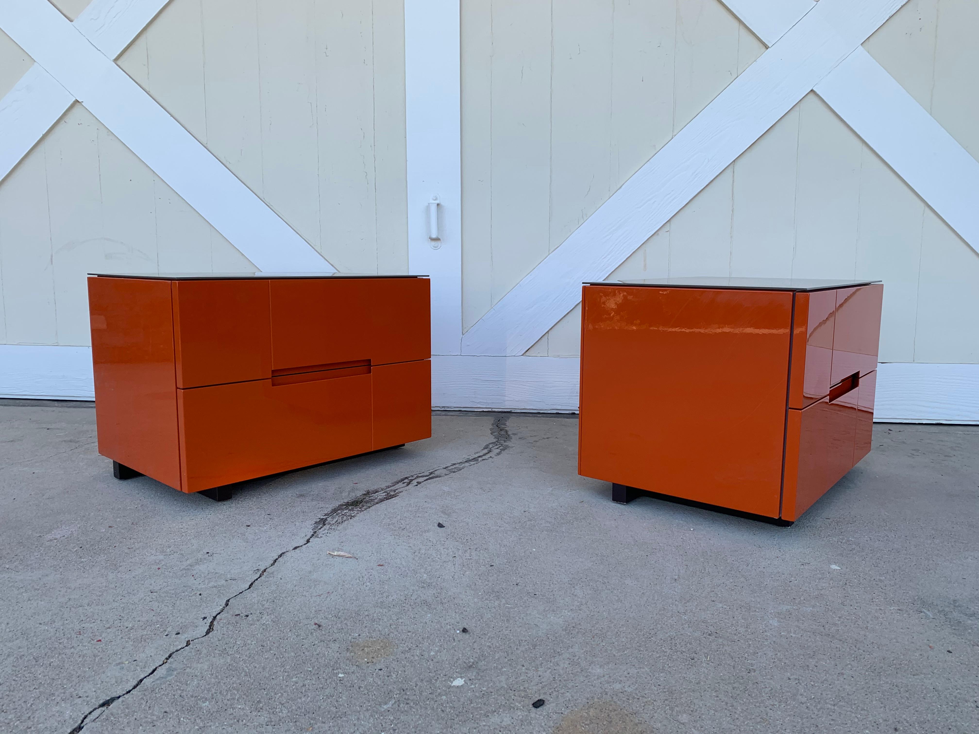 Pair of Nightstands in Orange Lacquer Finish 5