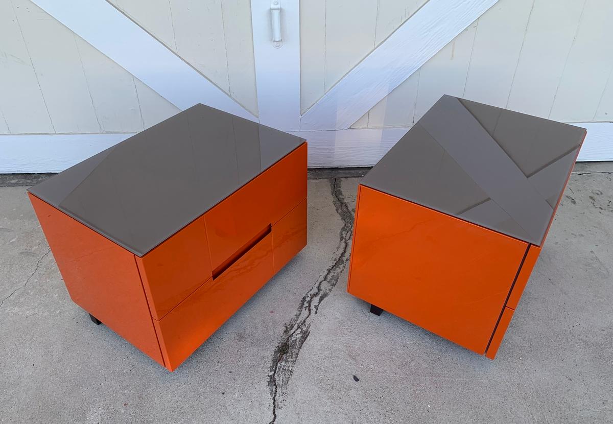 Pair of Nightstands in Orange Lacquer Finish 6