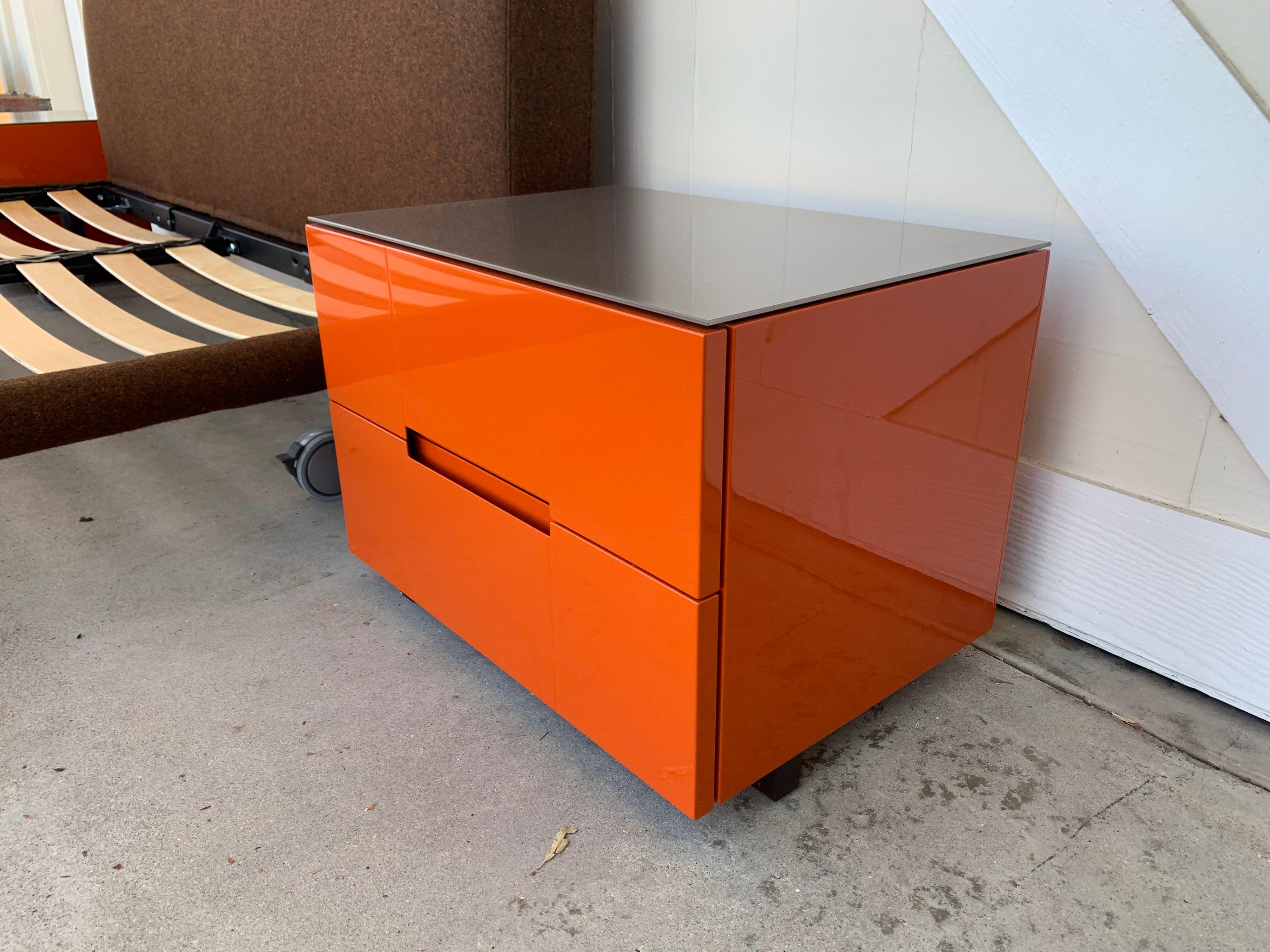 Pair of Nightstands in Orange Lacquer Finish 10