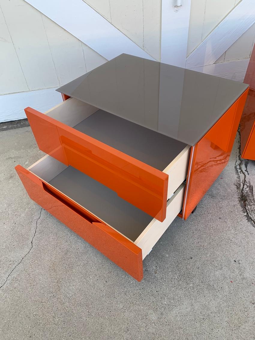 Modern Pair of Nightstands in Orange Lacquer Finish