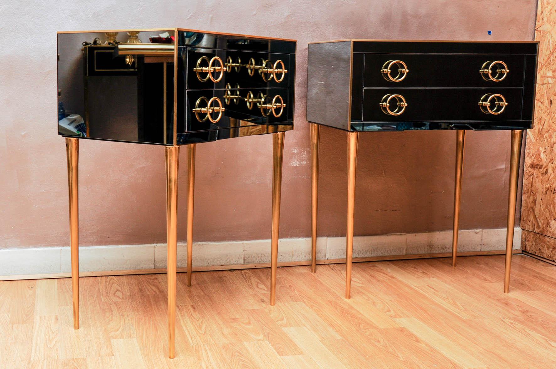 Brass Pair of Nightstands in Smoked Mirror, with Two Drawers